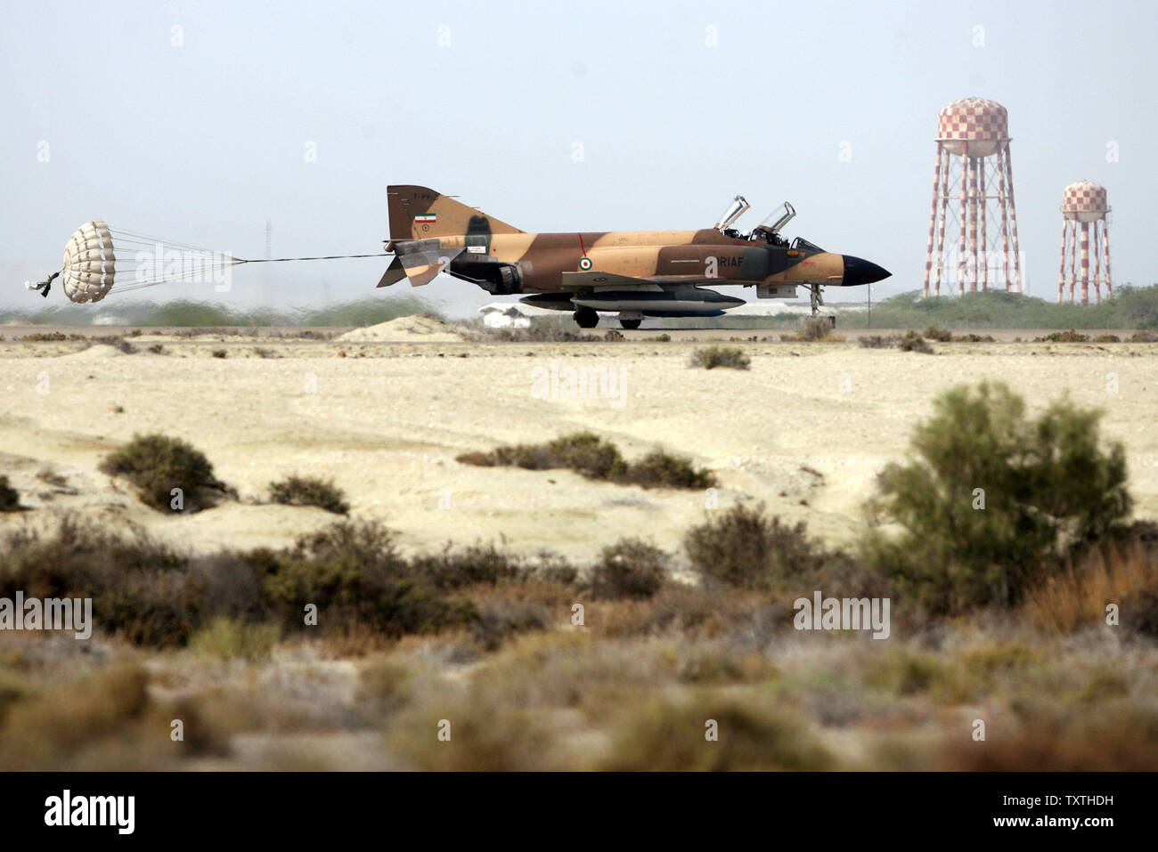 An Iranian F5 jet fighter lands during a large maneuver at Sea of Oman in Iran on June 23, 2009.  (UPI Photo/Ebrahim Norouzi/STR) Stock Photo