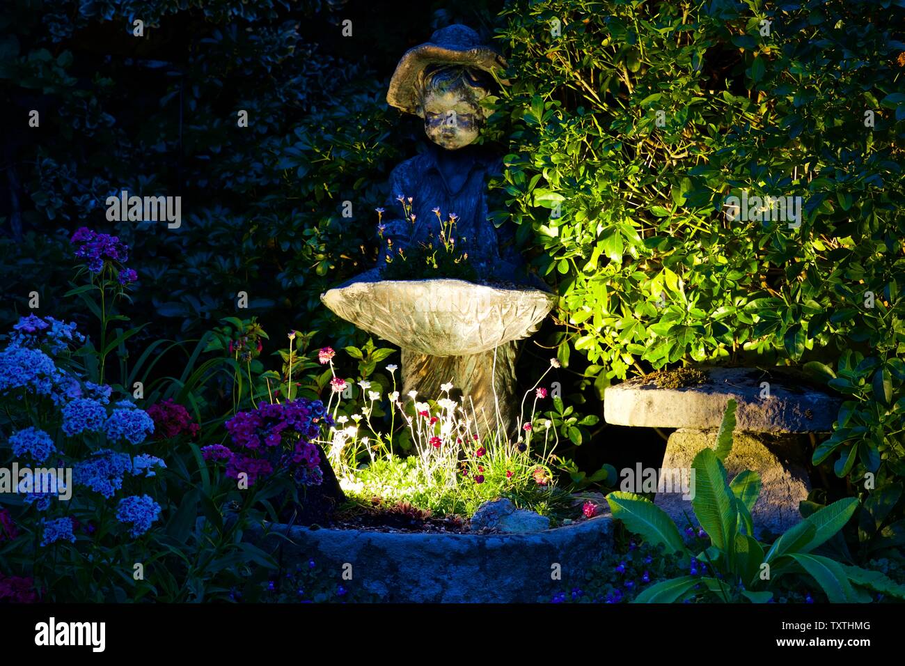 Spot light illuminating a garden statue Stock Photo - Alamy
