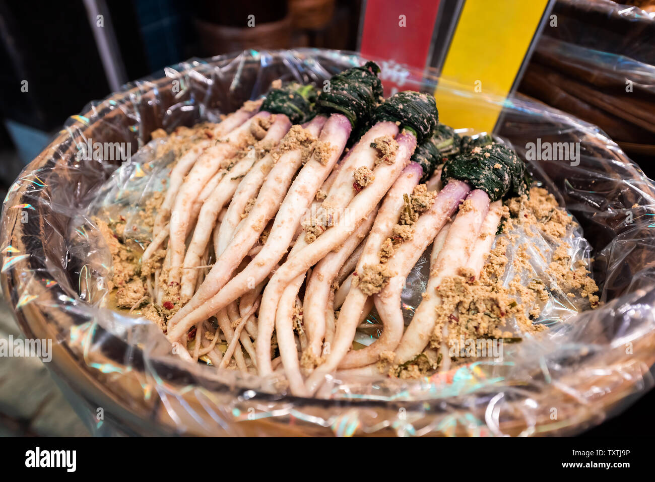 Kyoto, Japan Containers of pickles pickled radish root vegetables on