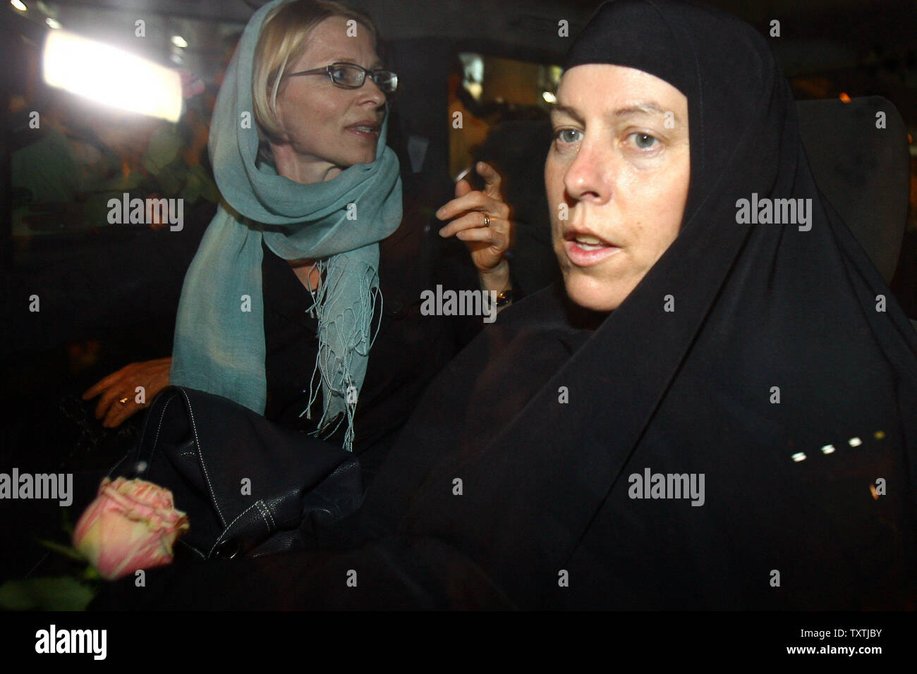Cindy Hickey, mother of Shane Bauer, sits next to Swiss Ambassador Livia Leu Agosti (L) as they leave Imam Khomeini Airport on May 19, 2010 in Tehran, Iran.  Shane Bauer, 27, Sarah Shourd, 31, and Josh Fattal, 27, were detained on July 31,2009 after straying across Iran's border while on a hiking trip in northern Iraq's Kurdistan region.       UPI/Maryam Rahmanian Stock Photo