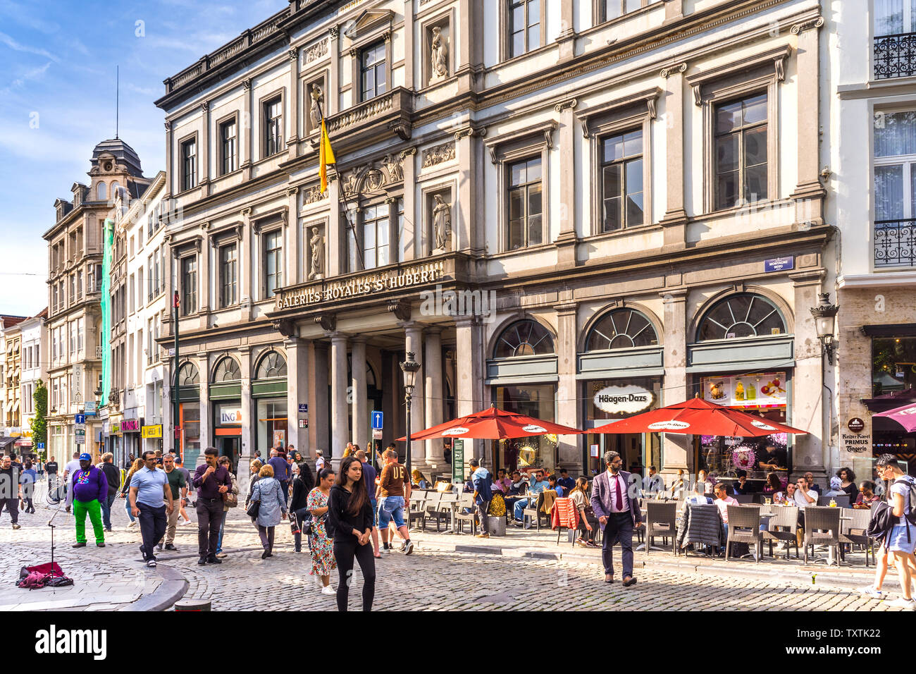 Busy street in centre of Brussels, Belgium. Stock Photo