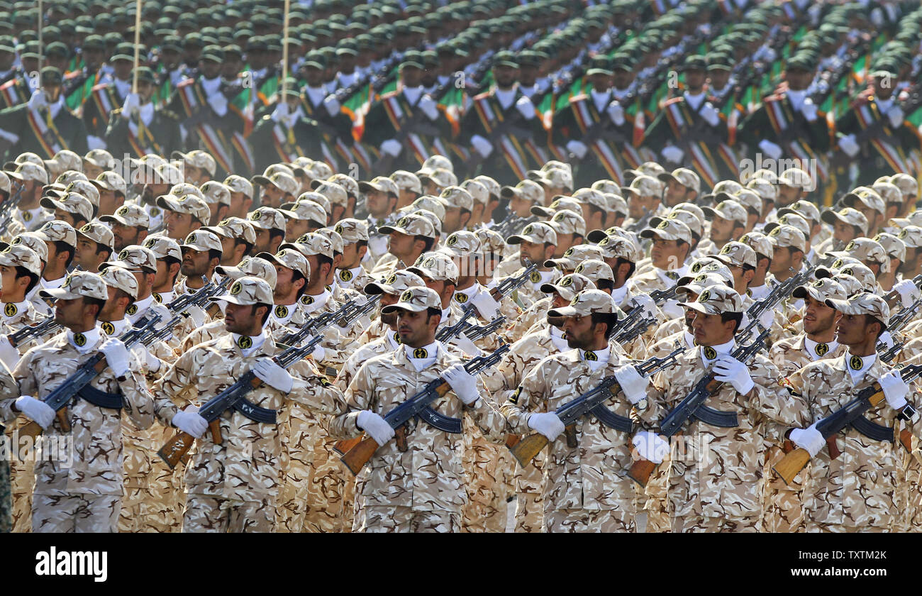 Iranian soldiers march during the annual military parade on September ...