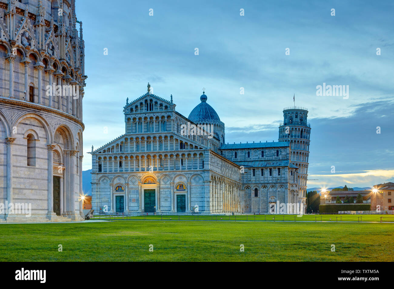 The Baptistery in the foreground, the Duomo and the leaning tower in the background, Pisa, Italy Stock Photo