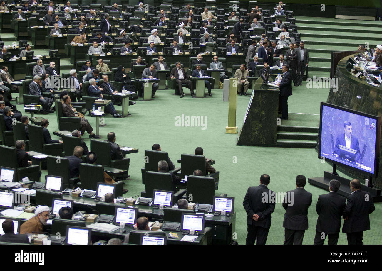 Iranian President Mahmoud Ahmadinejad speaks during the impeachment of the labor minister Abdolreza Sheikholeslami, unseen, at the parliament in Tehran, Iran on February 3, 2013. Out of 272 lawmakers in the parliament on Sunday, 192 voted against the labor minister. The main reason behind the MP's decision to dismiss the minister was Sheikholeslami's refusal  to remove former Tehran prosecutor general Saeed Mortazavi from his post as the director of the Social Security Organization.     UPI/Maryam Rahmanian Stock Photo