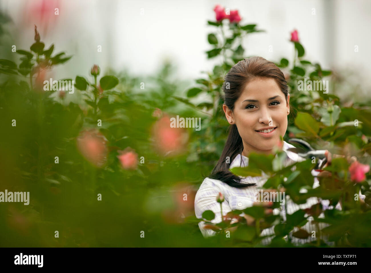 Portrait of a happy teenage girl inside a greenhouse Stock Photo - Alamy