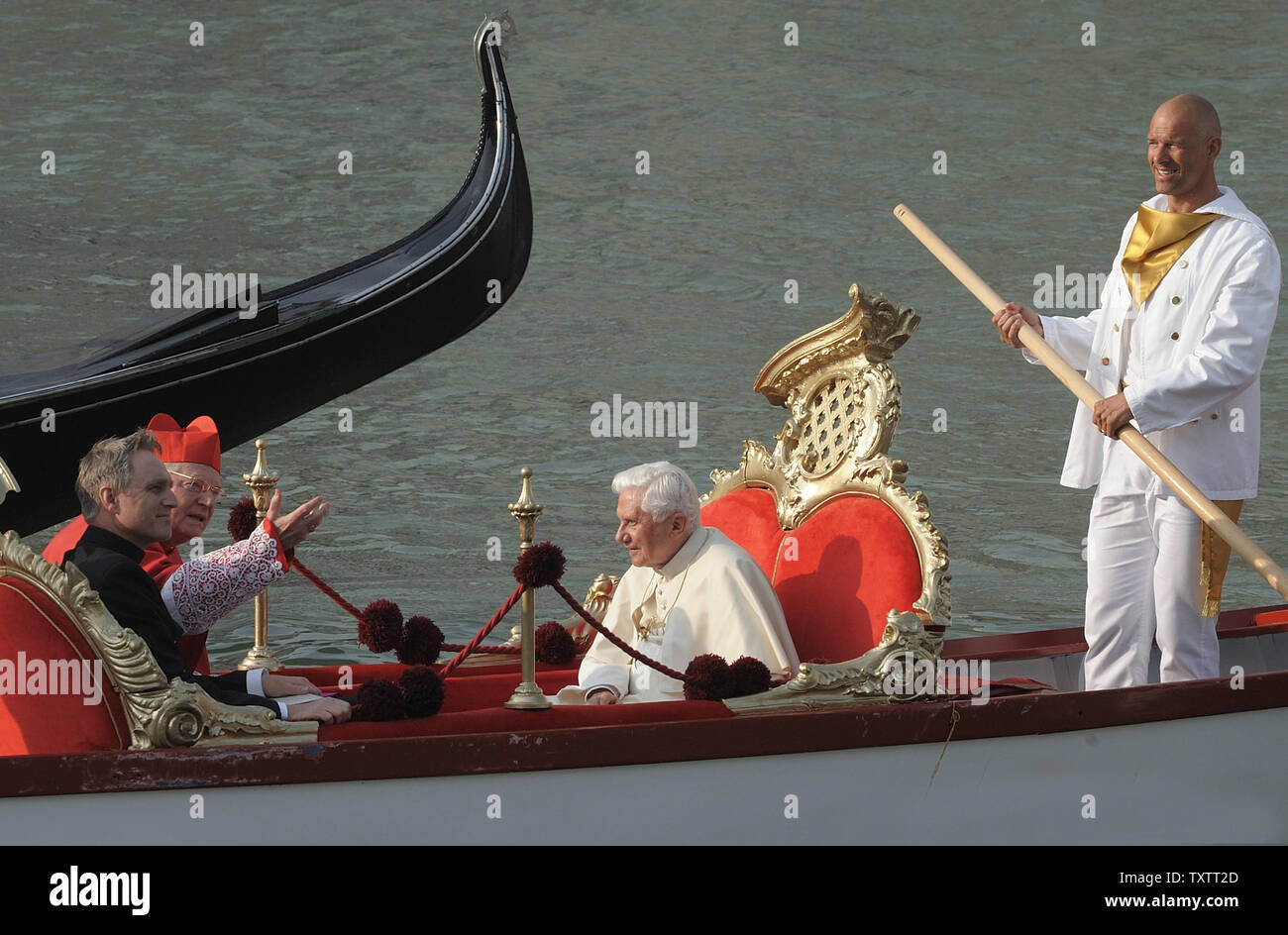 Pope Benedict XVI sits in a gondola in the Grand Canal during his pastoral visit to Aquilea and Venice, Italy on May 8, 2011. Pope Benedict XVI is in Venice for a weekend vist that will highlight the Christian heritage of this crossroads of Mediterranean and Eastern European history.  UPI/Stefano Spaziani Stock Photo