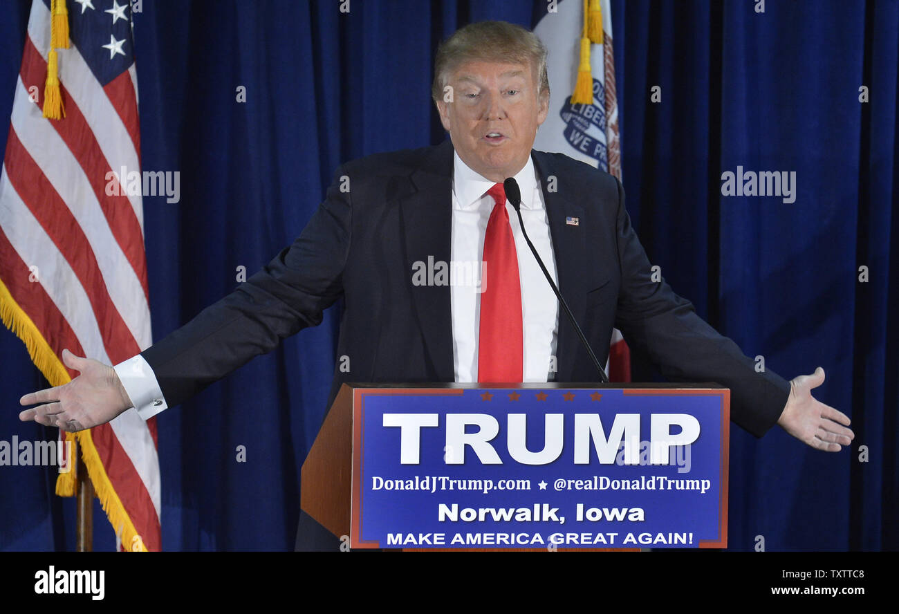 Real estate mogul Donald J. Trump, 2016 Republican presidential candidate, makes remarks at a campaign event, January 20, 2016, in Norwalk, Iowa. Trump is running against a large field of GOP candidates including Texas Sen. Ted Cruz, Florida Sen. Marco Rubio and retired neurosurgeon Ben Carson, ahead of Iowa's first-in-the-nation caucuses February 1.      Photo by Mike Theiler/UPI Stock Photo