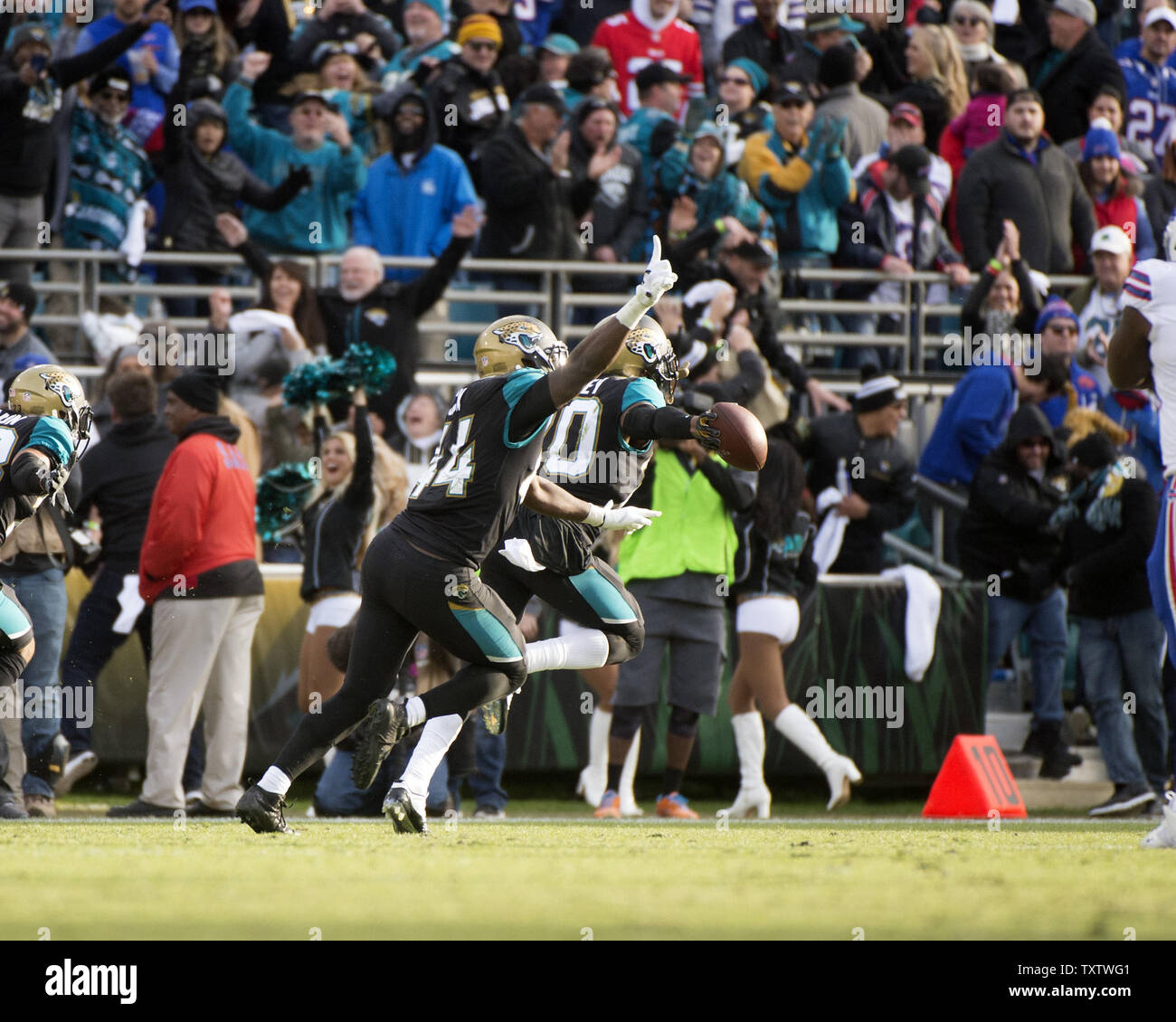 Jacksonville Jaguars CB Jalen Ramsey celebrates an interception in the NFL  International Series game against the Baltimore Ravens at Wembley Stadium,  London on September 24, 2017. Jacksonville beat Baltimore 44 - 7.