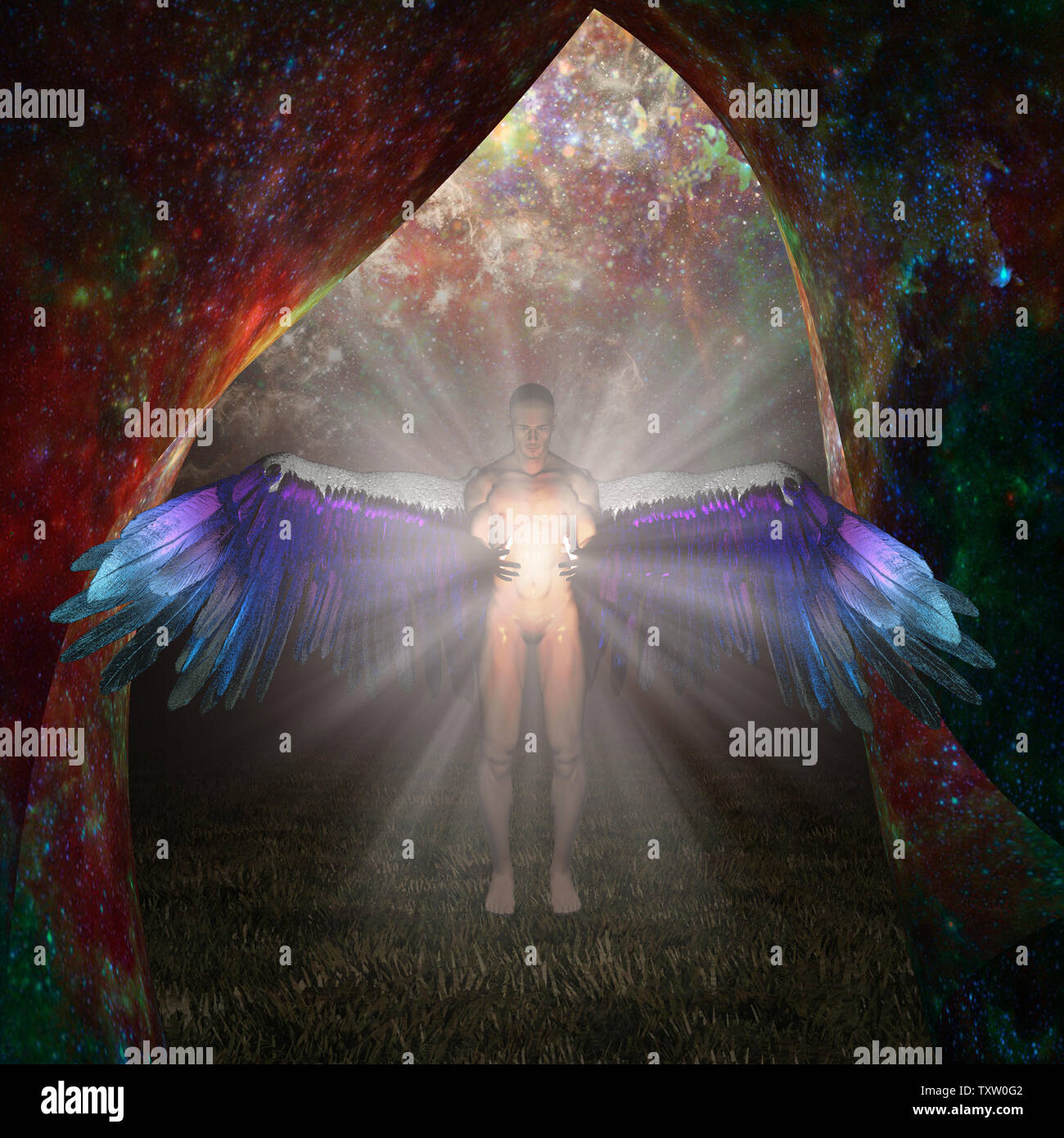 Spiritual art. Angel of light holding divine energy. Veil of space