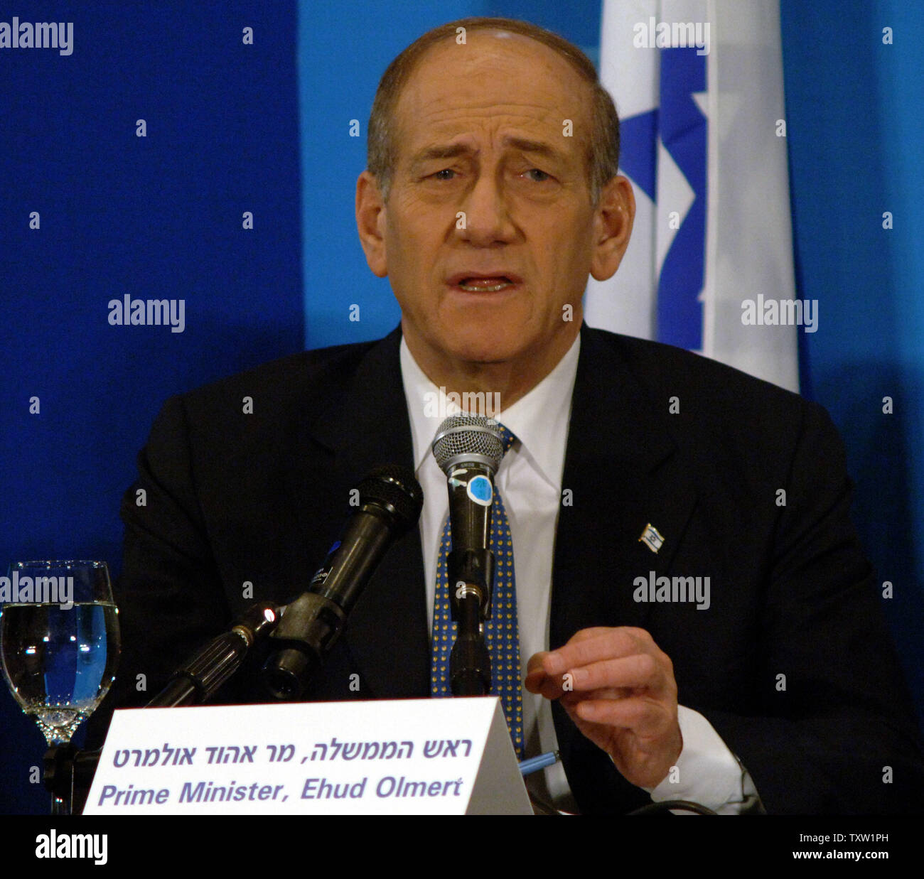 Israeli Prime Minister Ehud Olmert attends a meeting with the foreign media in Jerusalem, July 10, 2006.  The Prime Minister reiterated his stance that Israel would not negotiate with Hamas on the release of abducted Corporal Gilat Shalit. (UPI Photo/Joerg Waizmann) Stock Photo