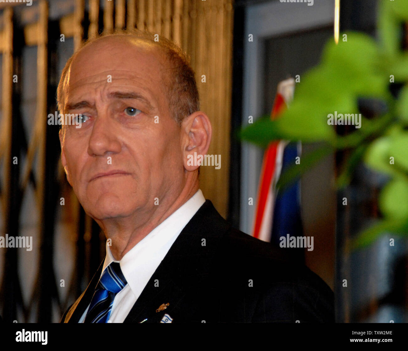 Israeli Prime Minister Ehud Olmert and British Prime Minister Tony Blair, not seen, hold a joint press conference at his residence in Jerusalem on December 18, 2006. (UPI Photo/Debbie Hill) Stock Photo