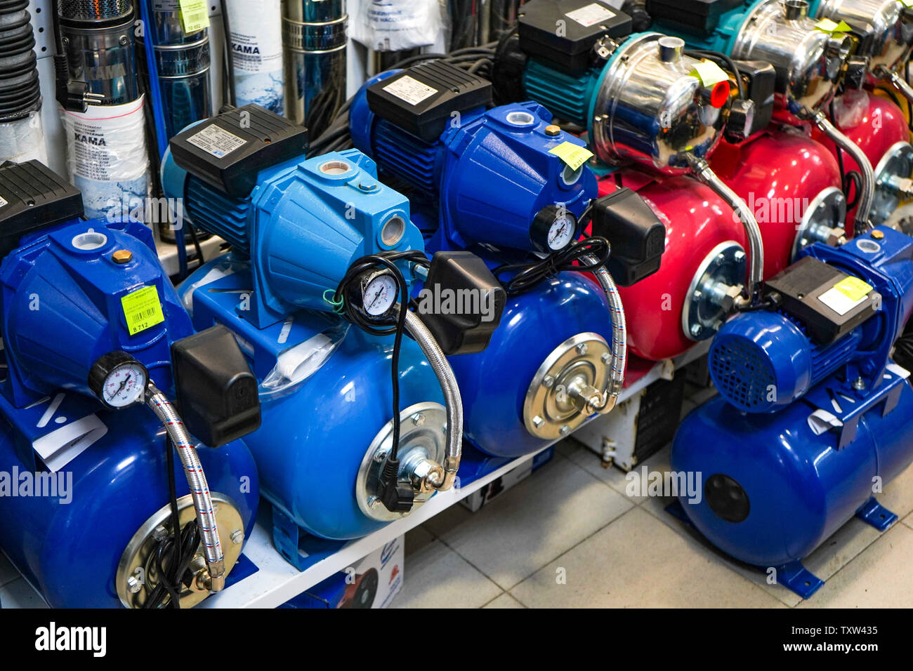 Chelyabinsk Region, Russia - JUNE 2019. Plumbing shop. Rack with goods ...