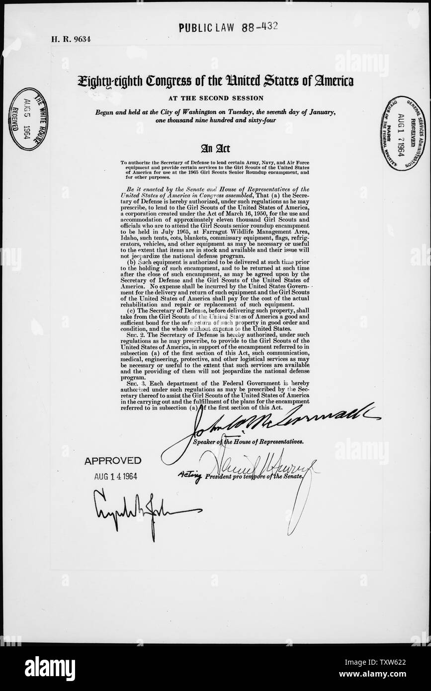 Act of August 14, 1964, Public Law 88-432, 78 STAT 440, which authorized the Secretary of Defense to lend certain Army, Navy, and Air Force equipment and provide certain services to the Girl Scouts of the United States of America for use at the 1965 Girl Scouts Senior Roundup encampment. Stock Photo