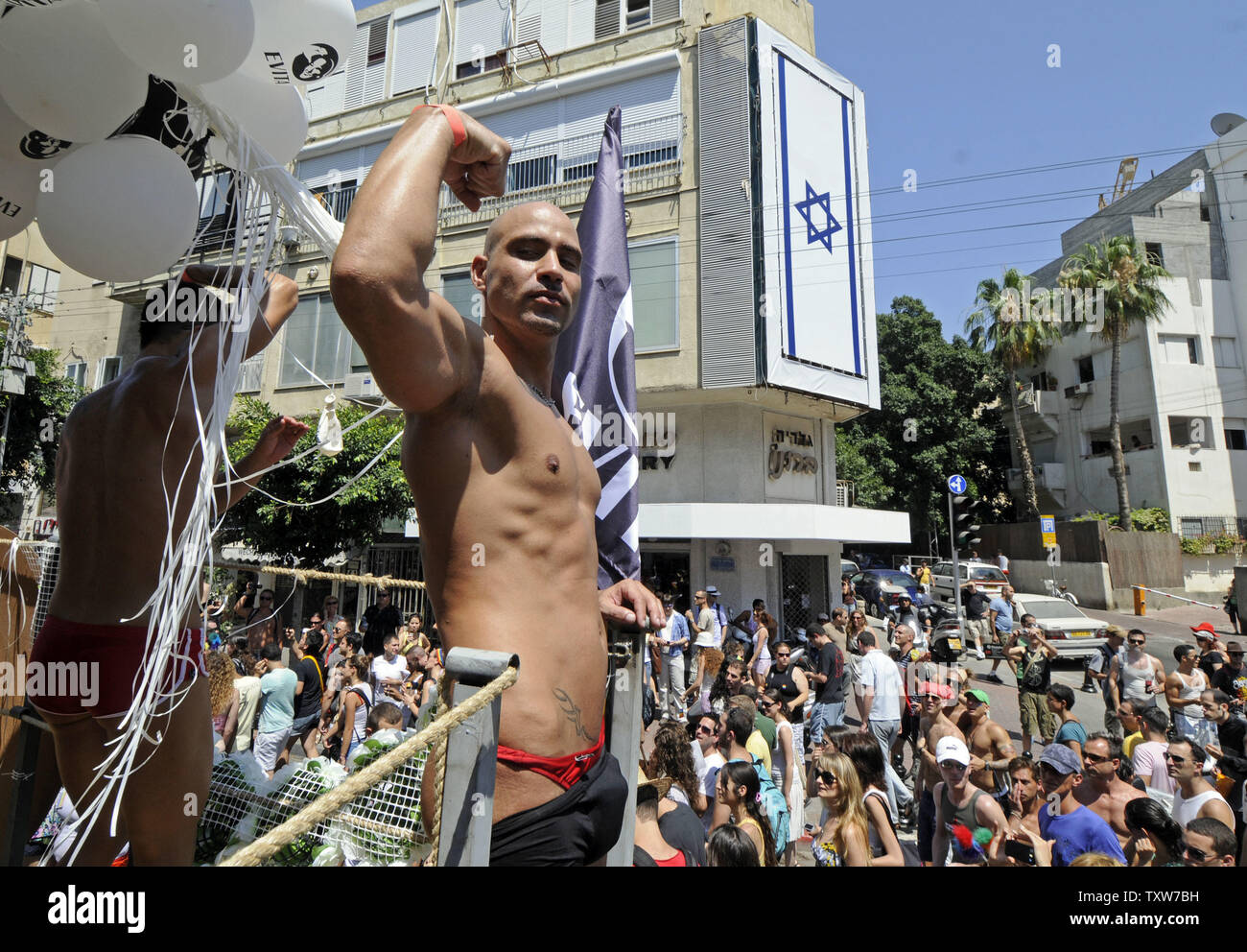 An Israeli gay man dances in the Gay Pride Parade in Tel Aviv, Israel, June 12, 2009.  (UPI Photo/Debbie Hill) Stock Photo