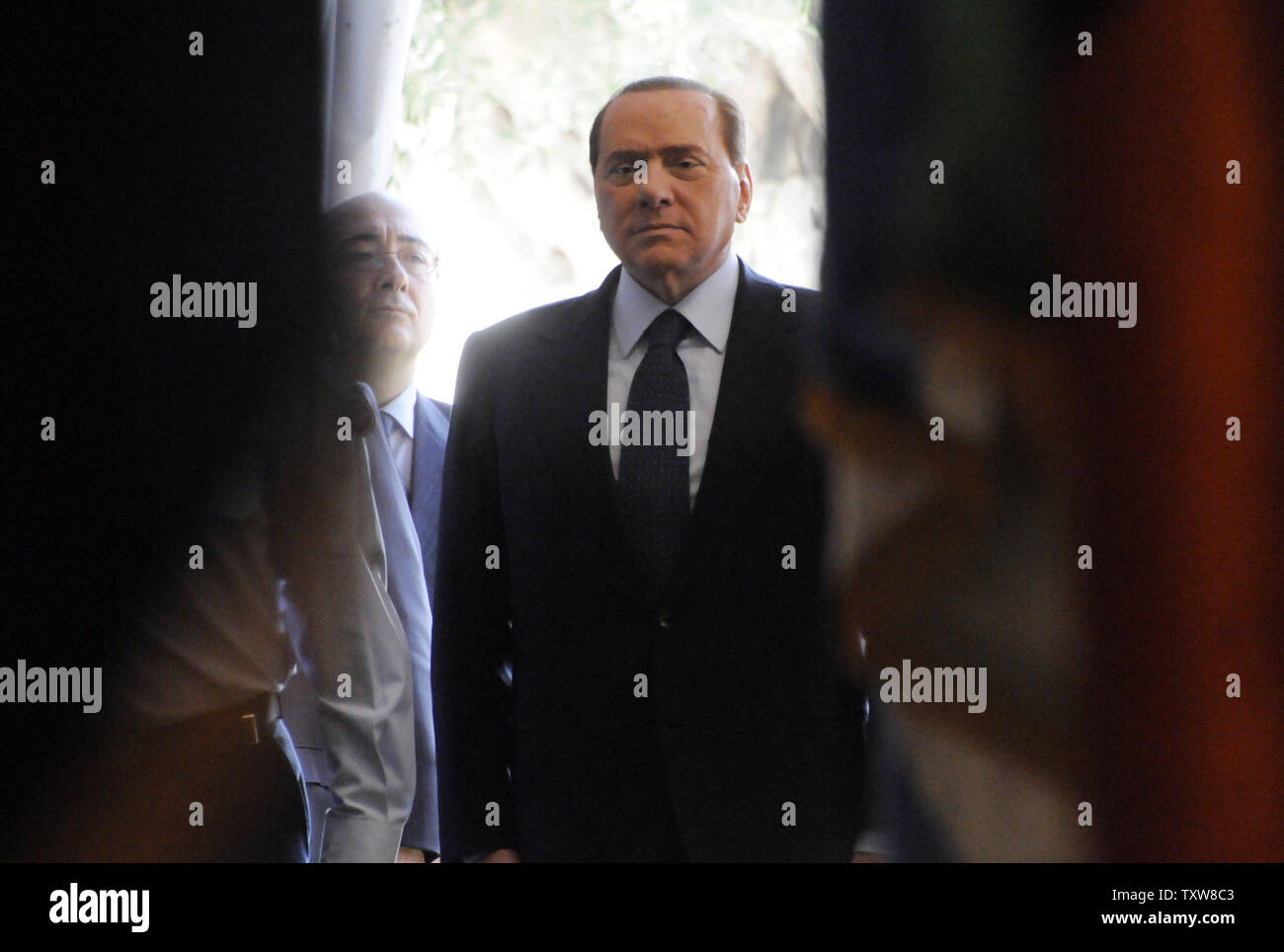Italian Prime Minister Silvio Berlusconi arrives for a welcoming ceremony at the office of Israeli Prime Minister Benjamin Netanyahu in Jerusalem, February 1, 2010. Prime Minister Berlusconi is in Israel for a three- day visit.   UPI/Debbie Hill Stock Photo