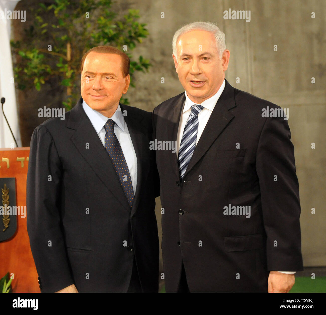 L-R:  Italian Prime Minister Silvio Berlusconi and Israeli Prime Minister Benjamin Netanyahu pose for the press during a welcoming ceremony at Netanyahu's Jerusalem office, February 1, 2010. Prime Minister Berlusconi is in Israel for a three- day visit.   UPI/Debbie Hill Stock Photo