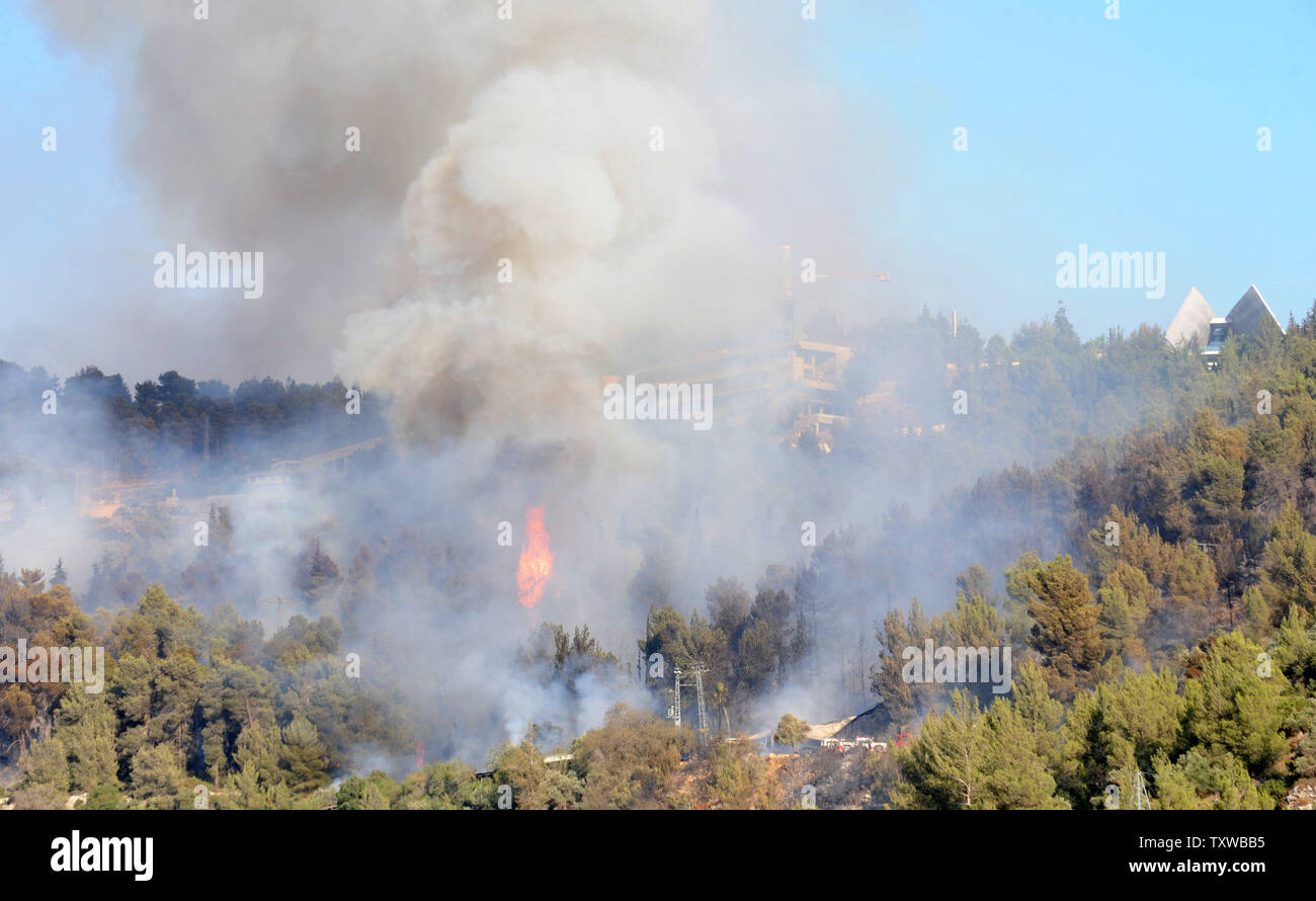 A forest fire burns in the forest below the Yad Vashem Holocaust Museum in Jerusalem on Sunday, July 17, 2011. An out of control wildfire forced the evacuation of Israel's Holocaust Museum Yad Vashem.  UPI/Debbie Hill Stock Photo
