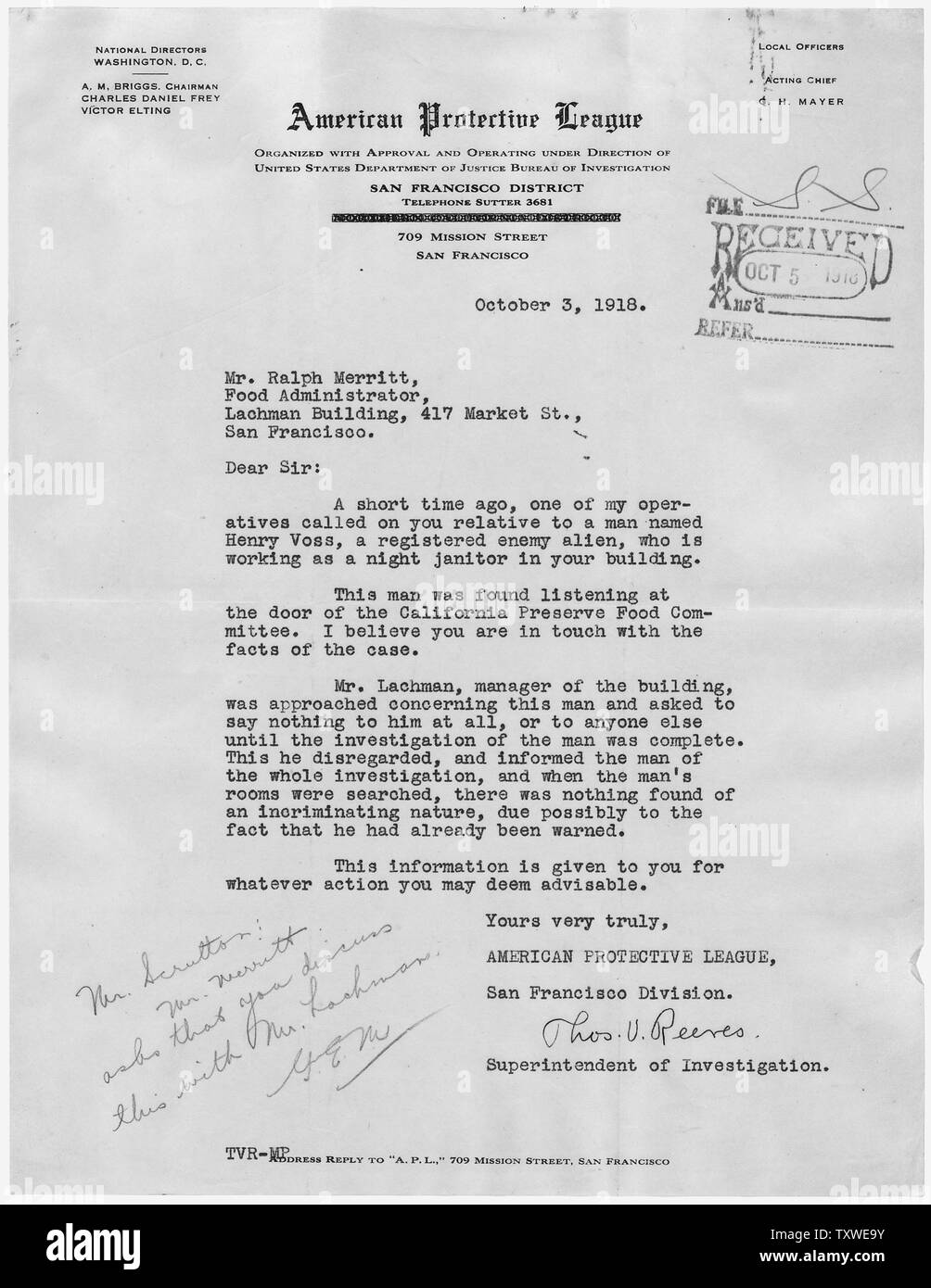 American Protective League to U. S. Food Administration re: Henry Voss; Scope and content:  This letter was received by the California Food Administrator from the American Protective League. The League was a patriotic organization that spied on individuals and businesses and reported allegations of food-hoarding and other un-American activities. The League was especially interested in German-Americans and suspected German sympathsizers. Stock Photo