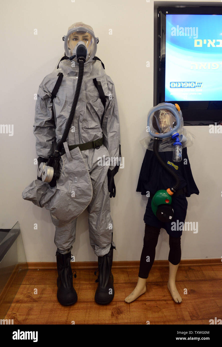 Mannequins wear gas masks and body suits for protection against chemical  and biological warfare in the Supergum Ltd. Factory in Tel Aviv, Israel,  May 7, 2013. There has been increased interest in