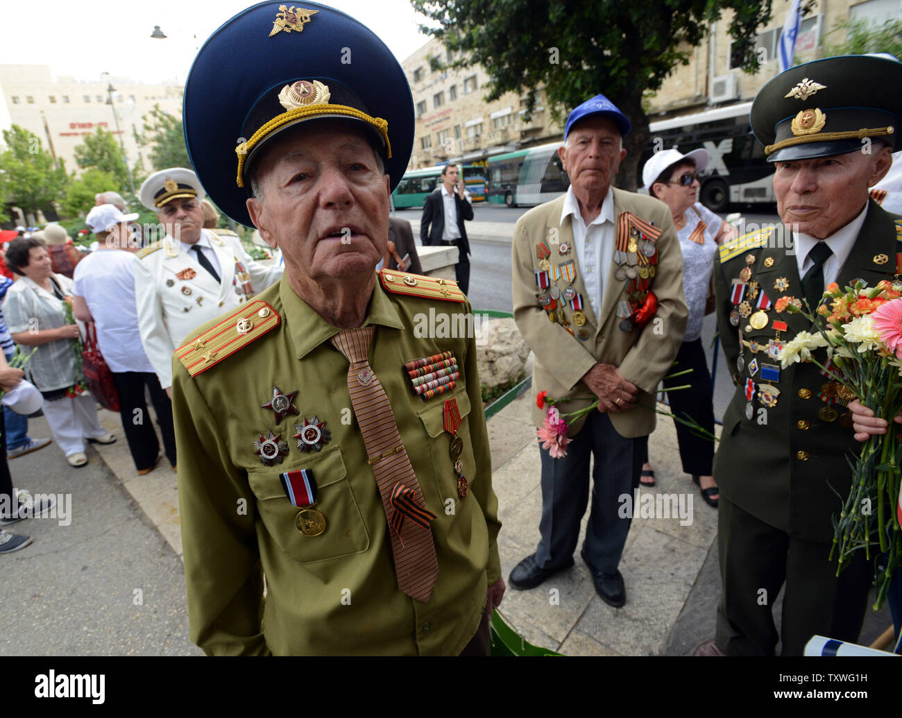 Soviet Jewish World War II Veterans wear their Red Army uniforms and medals  at a march in Jerusalem, Israel, to commemorate Victory Day, marking the  68th anniversary of the defeat of Nazi
