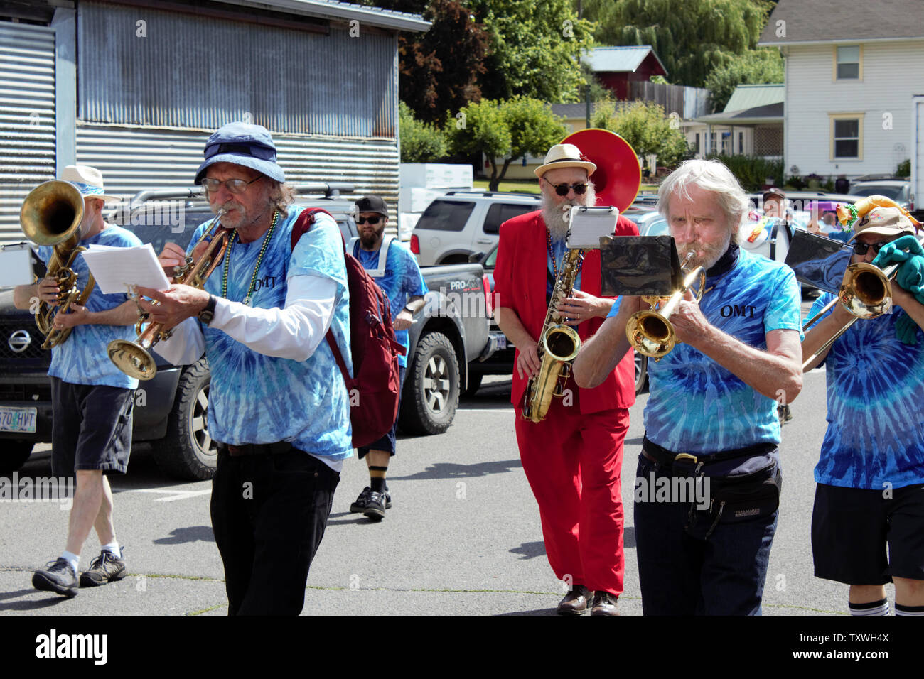 The One More Time marching band performs during the Brownsville, Oregon parade. Stock Photo