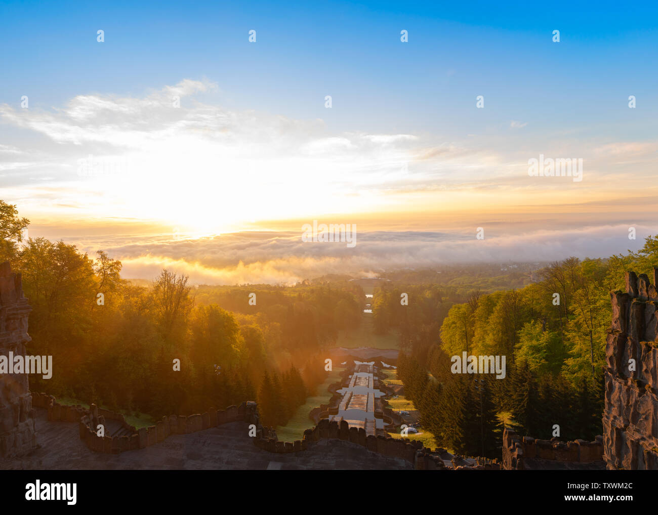 Morning sun over Kassel from the world heritage site Hercules Stock Photo