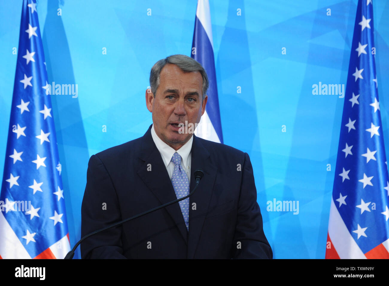 US Speaker of the House John Boehner and Israeli Prime Minister Benjamin Netanyahu, not seen, make press statements at the prime minister's office in Jerusalem,Israel, April 1, 2015.  Photo by Debbie Hill/UPI Stock Photo
