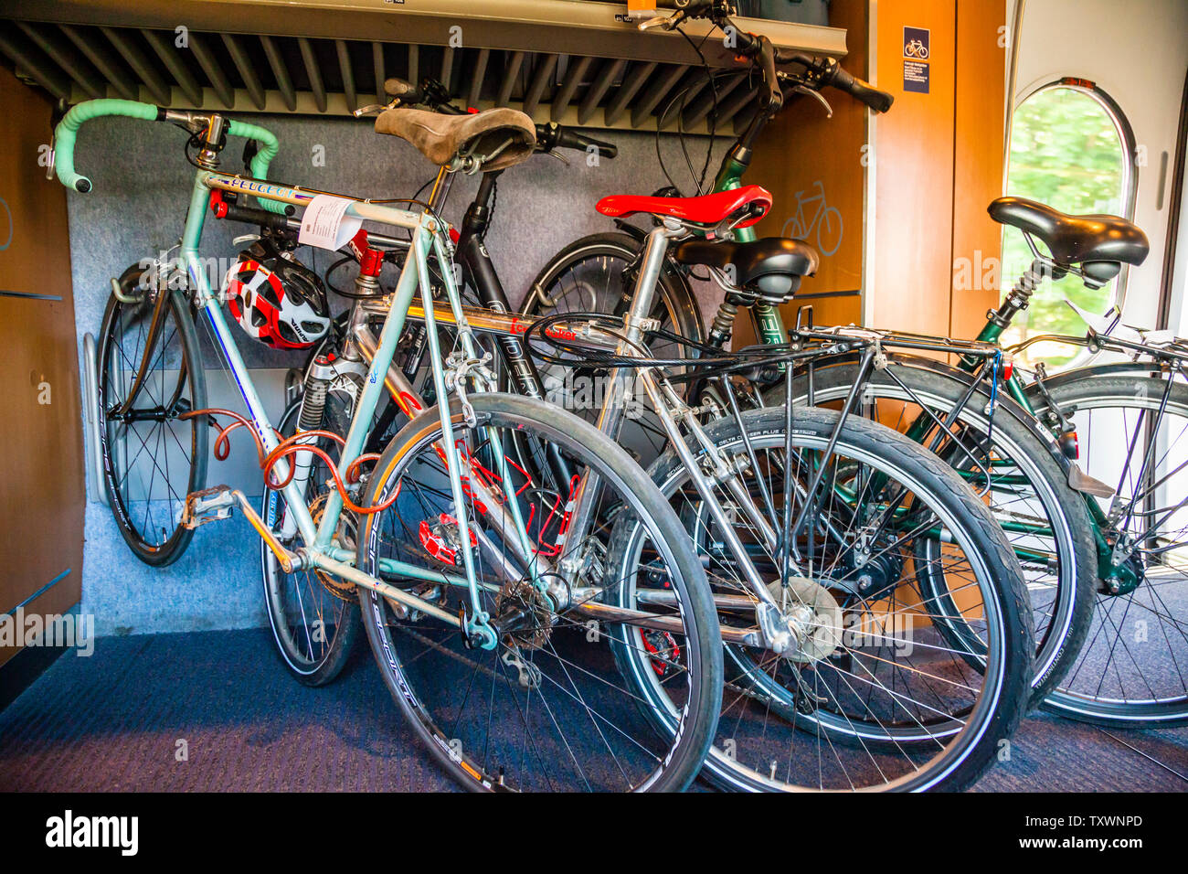 Bicycles in the intercity compartment Stock Photo
