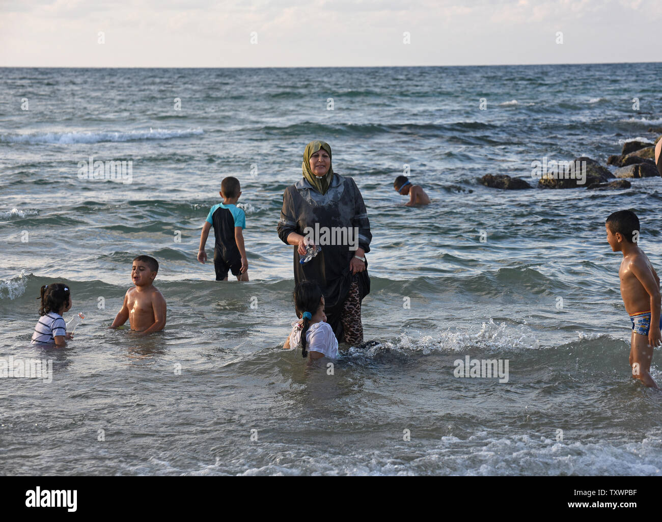 Muslim Palestinians  swim in the Mediterranean Sea in Tel Aviv, Israel, on the third day of the Eid al-Adha, Feast of Sacrifice, September 26, 2015. Eid al-Adha honors the willingness of Abraham (Ibrahim) to sacrifice his son Ishmael before God intervened.   Photo by Debbie Hill/ UPI Stock Photo