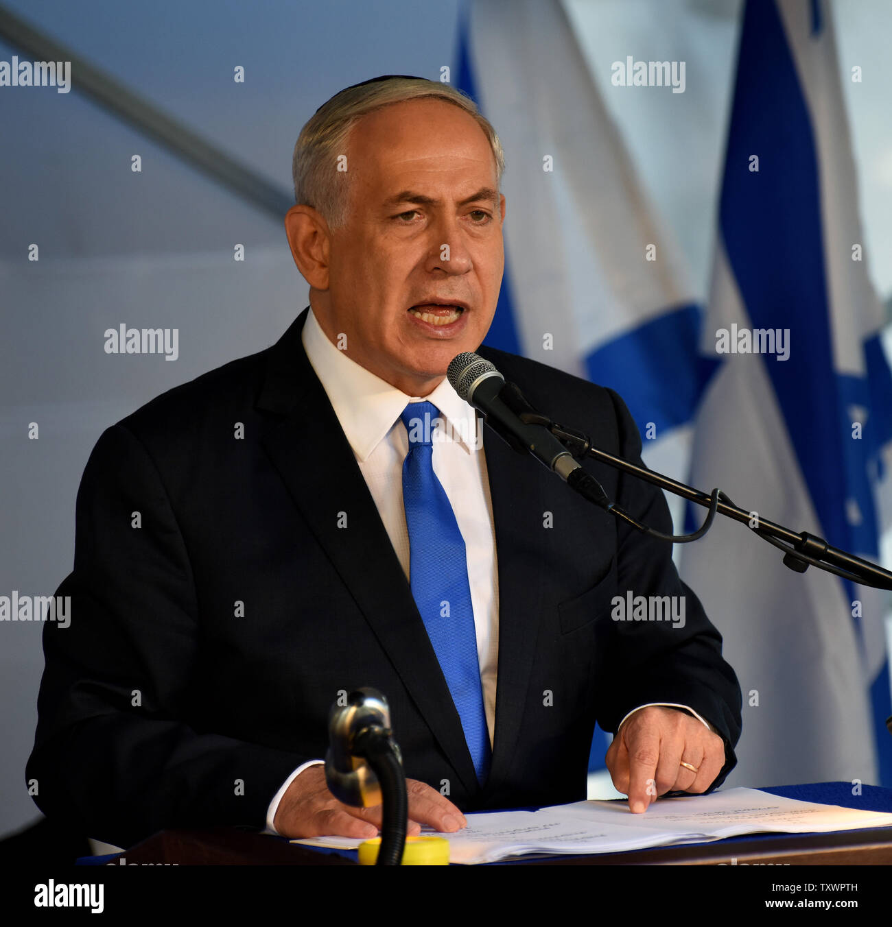 Israeli Prime Minister Benjamin Netanyahu speaks at a memorial service ...