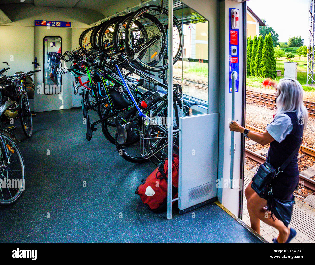 Packed bicycles in the train compartment of the Czech railroad. At the border with the Czech Republic change the staff and also the conditions of carriage for luggage Stock Photo