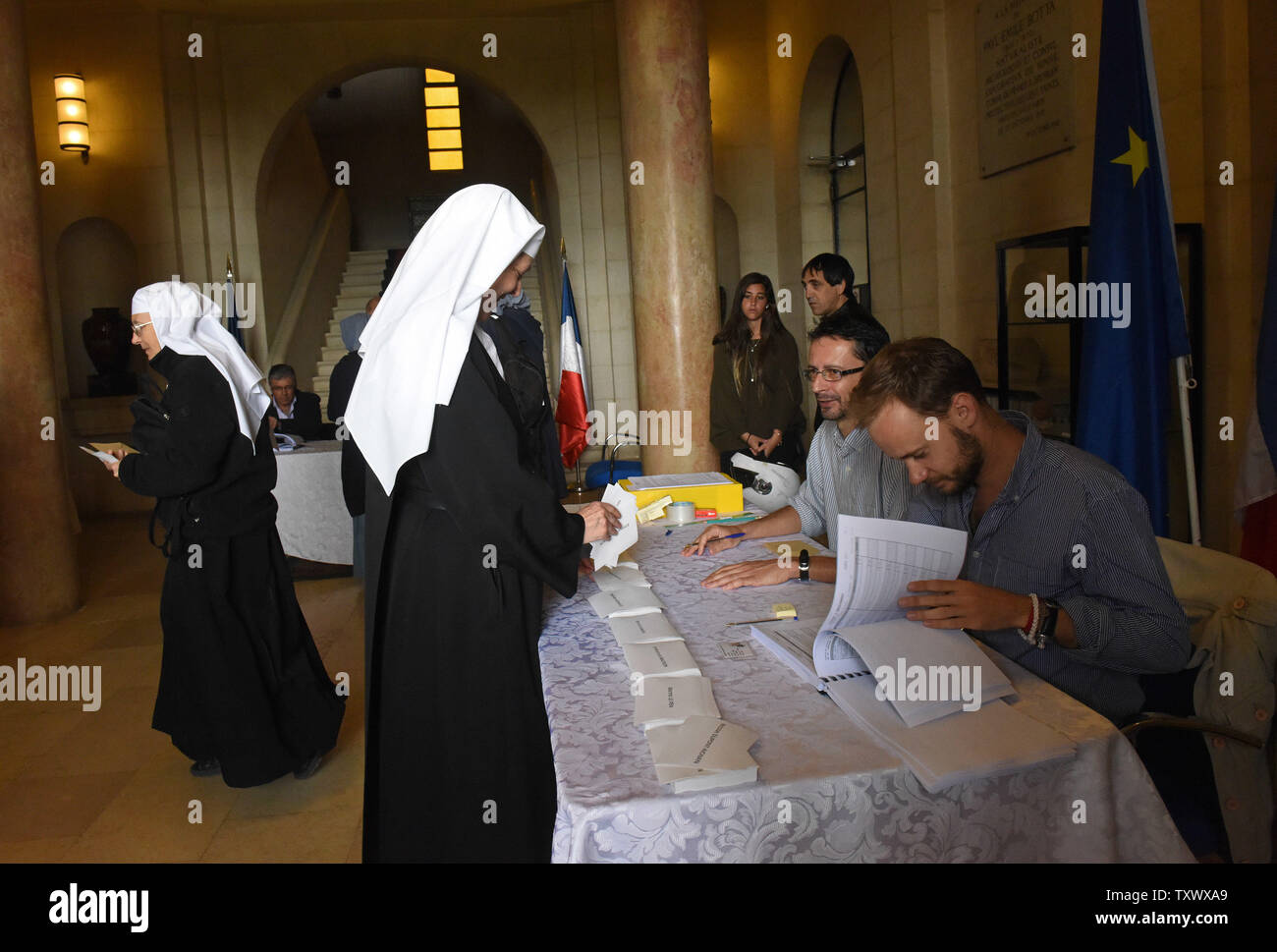 French nuns,living in Israel, wait to cast their votes in the French presidential election in the French Consulate in Jerusalem, Israel, April 23, 2017. Approximately two million French citizens live abroad and make up 2% of all French voters. Photo by Debbie Hill/UPI Stock Photo