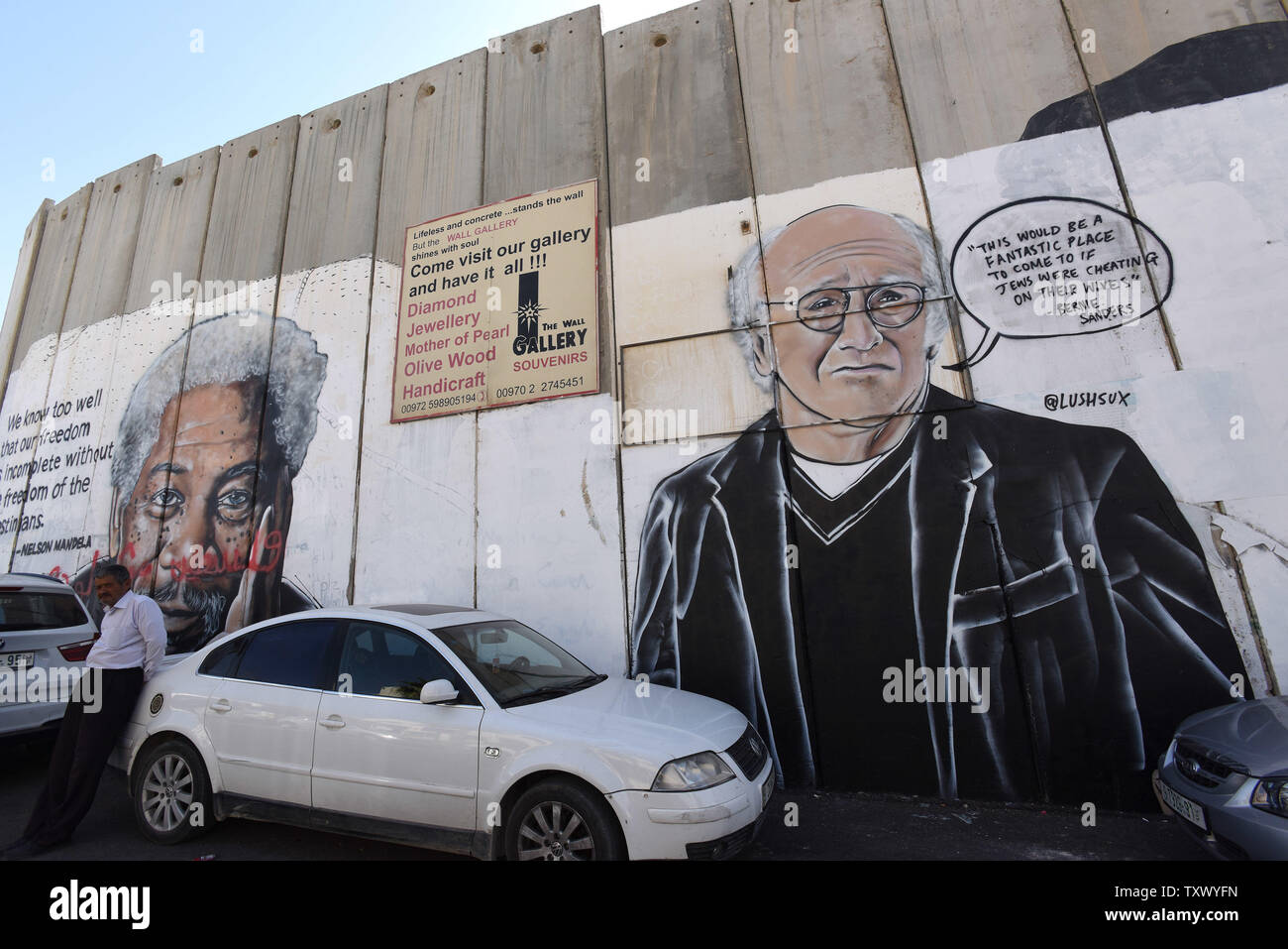Graffiti of Curb Your Enthusiasm actor Larry David is seen on the Israeli separation wall by Austrian artist LUSHSUX, in Bethlehem, West Bank, October 18, 2017. LUSHSUX's followers on Twitter suggested he use a quote by Bernie Saunders since David played him on SNL. Photo by Debbie Hill/UPI Stock Photo