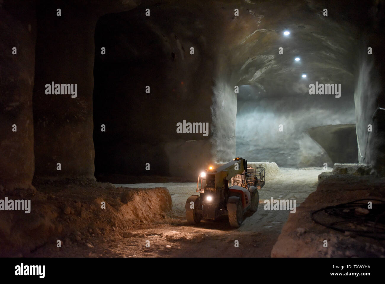 Heavy equipment works on catacomb burial plots in the underground burial tunnels at the Givat Shaul Cemetery, Har HaMenuchot, in Jerusalem, Israel, November 26, 2017.  Due to overcrowding and lack of land for burial sites in Jerusalem, the religious burial society called Chevra Kadisha, is building the massive underground burial site that will provide space for more than 22,000 graves.   Photo by Debbie Hill/UPI Stock Photo