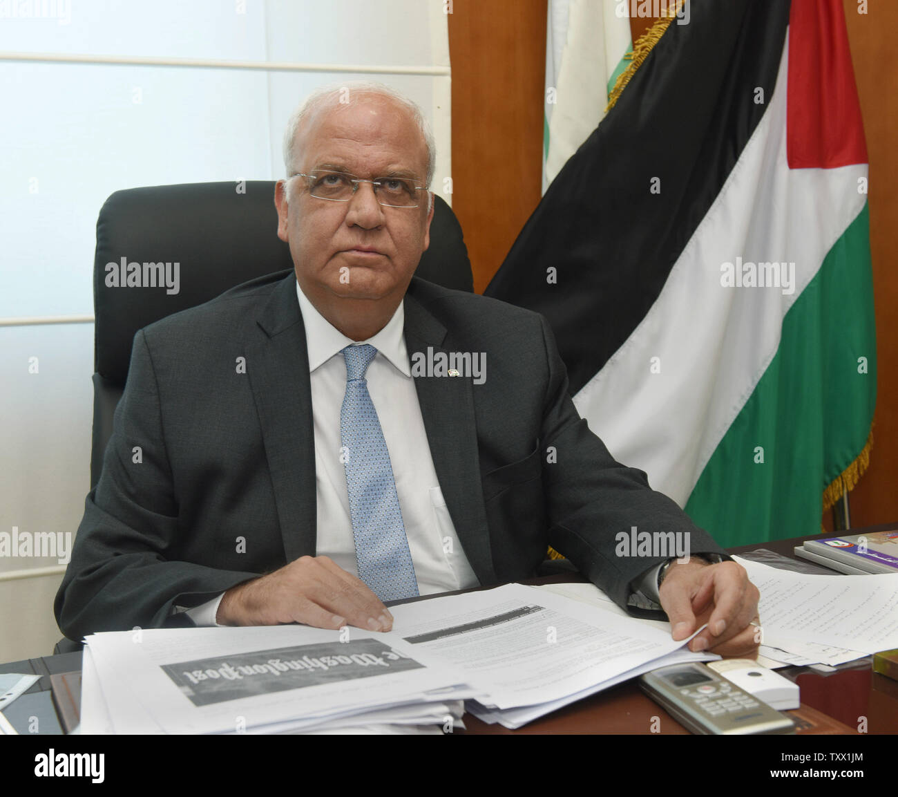 Dr. Saeb Erekat, General Secretariat of  the PLO, Palestinian Liberation Organization, works in his office in the PLO headquarters in Ramallah, West Bank, September 17, 2018. According to a PLO statement, U.S. authorities told employees of the PLO office in Washington, D.C. to cease operations, close all bank accounts and vacate the premises by Oct. 13. The visas of the Palestinian Ambassador Husam Zomlot and his family were revoked by American authorities who demanded they  leave the country.   Photo by Debbie Hill/UPI Stock Photo