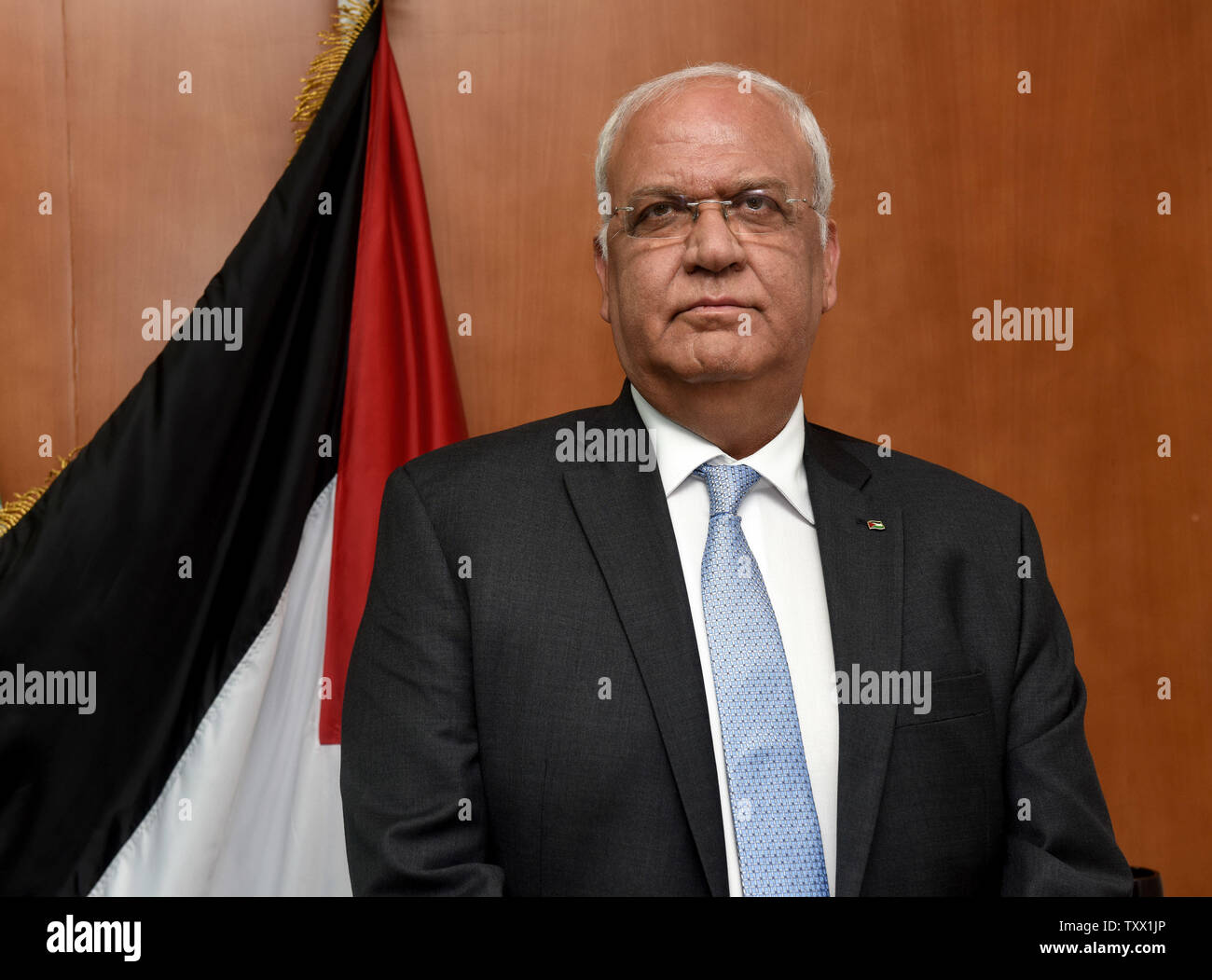 Dr. Saeb Erekat, General Secretariat of  the PLO, Palestinian Liberation Organization, in his office in the PLO headquarters in Ramallah, West Bank, September 17, 2018. According to a PLO statement, U.S. authorities told employees of the PLO office in Washington, D.C. to cease operations, close all bank accounts and vacate the premises by Oct. 13. The visas of the Palestinian Ambassador Husam Zomlot and his family were revoked by American authorities who demanded they  leave the country.   Photo by Debbie Hill/UPI Stock Photo