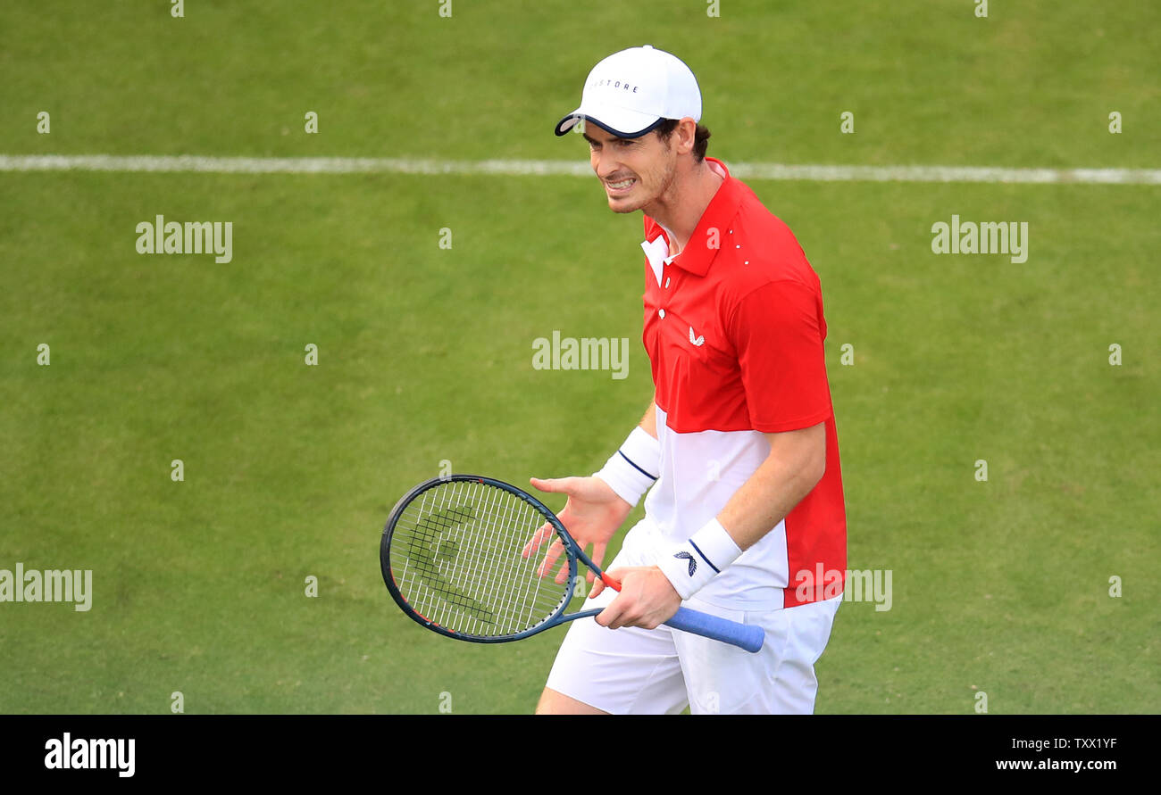 Great Britain's Andy Murray reacts with team mate Marcelo Melo against Juan Sebastian Cabel and Robert Farah during day three of the Nature Valley International at Devonshire Park, Eastbourne. Stock Photo