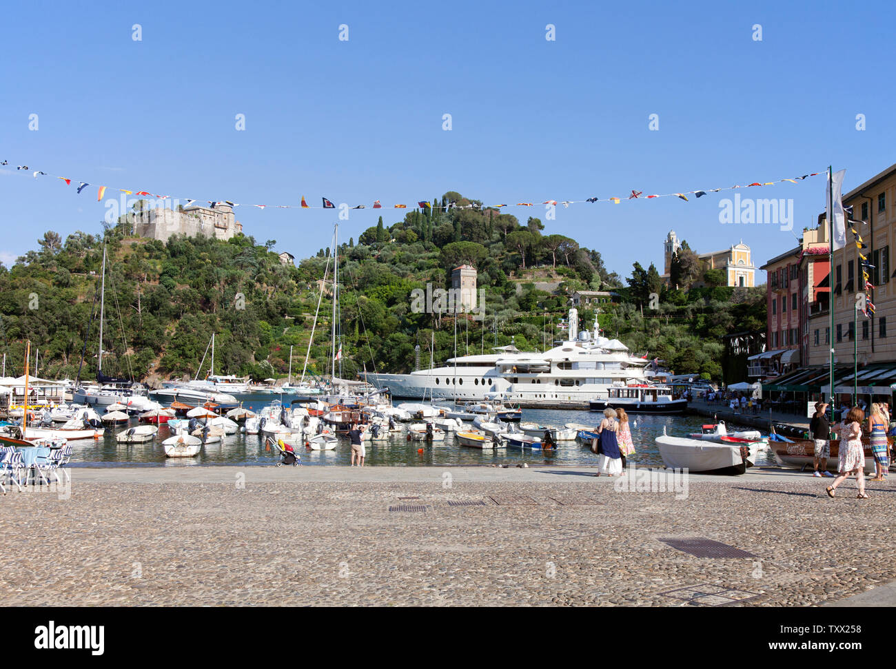 This Italian fishing village and holiday resort is famous for its picturesque harbour and historical association with celebrity and artistic visitors. Stock Photo