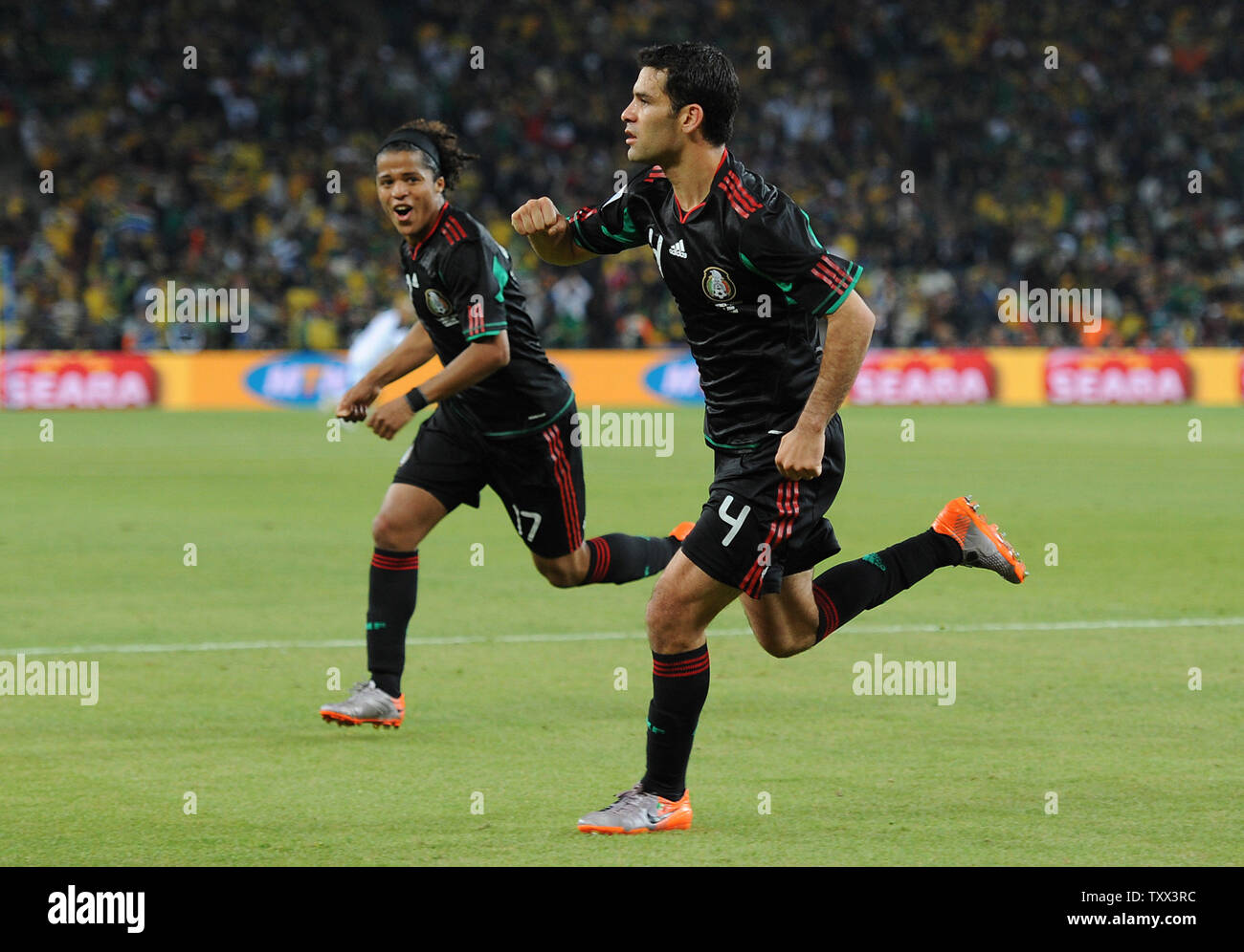 Rafael Marquez of Mexico celebrates scoring the equalising goal during the Group A match at Soccer City in Johannesburg, South Africa on June 11, 2010. UPI/Chris Brunskill Stock Photo