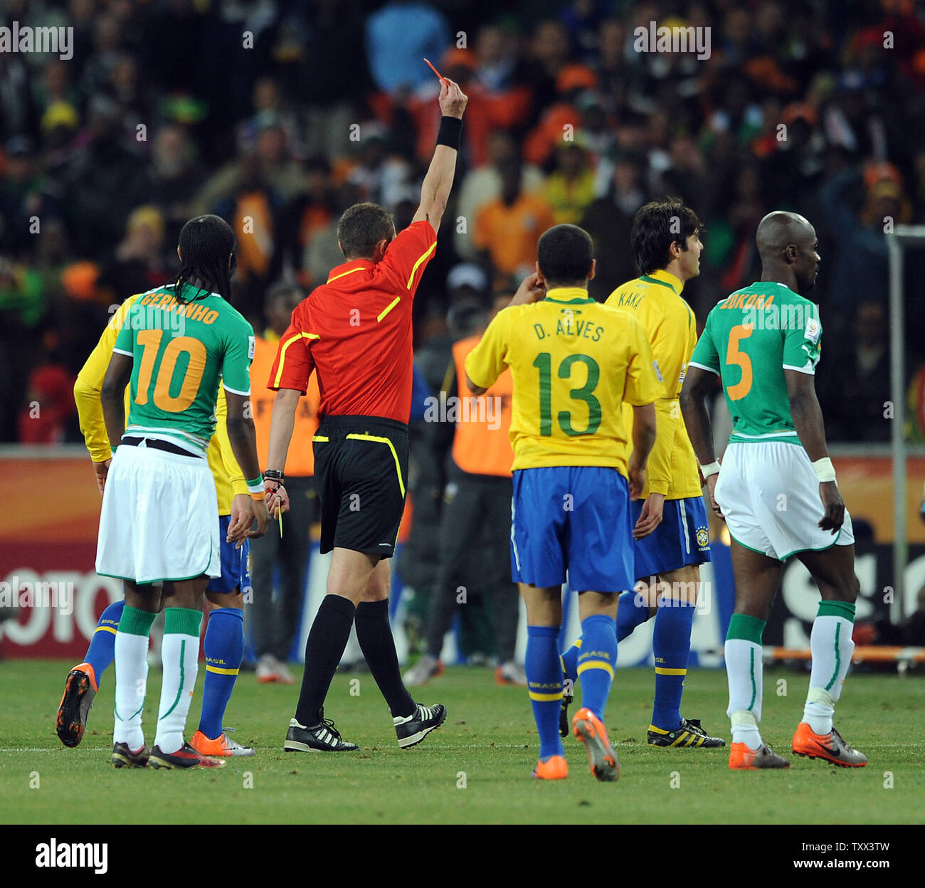 Kaka of Brazil is issued a red card during the Group G match at Soccer City Stadium in Johannesburg, South Africa on June 20, 2010. UPI/Chris Brunskill Stock Photo