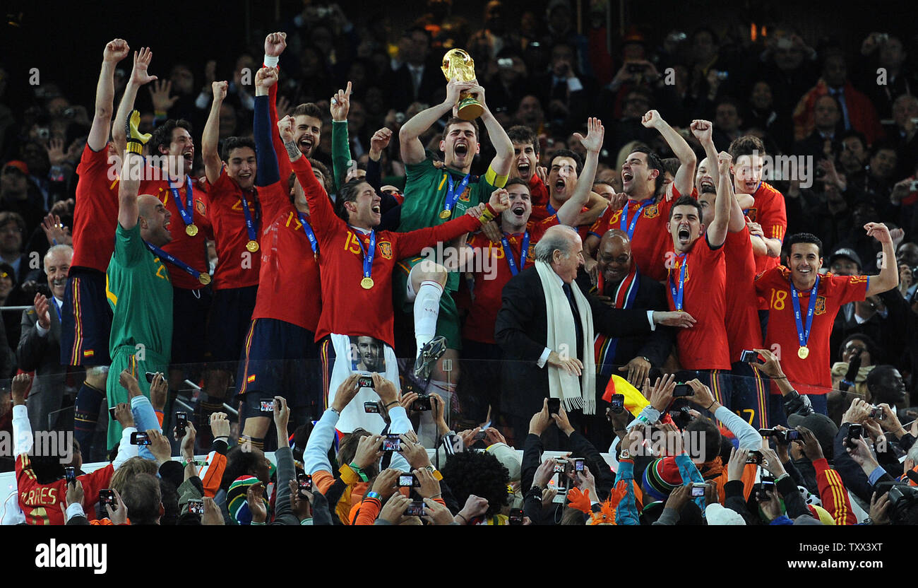 Iker Casillas of Spain lifts the World Cup following the FIFA World Cup Final match at Soccer City Stadium in Johannesburg, South Africa on July 11, 2010. UPI/Chris Brunskill Stock Photo