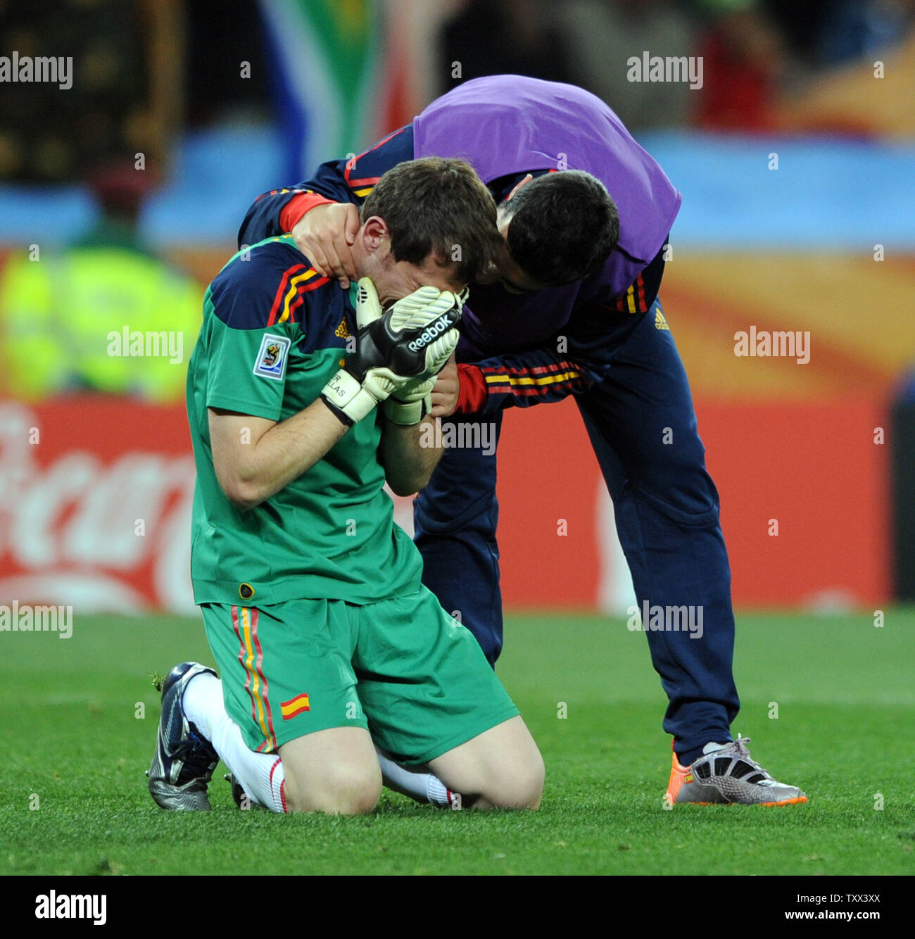 Iker Casillas of Spain is overcome with emotion following the FIFA World Cup Final match at Soccer City Stadium in Johannesburg, South Africa on July 11, 2010. UPI/Chris Brunskill Stock Photo