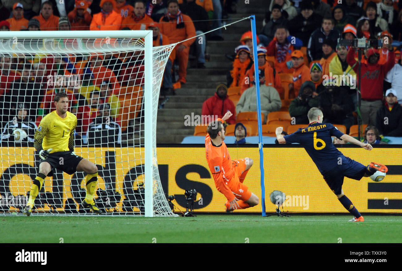 Andres Iniesta of Spain scores the winning goal during the FIFA World Cup Final match at Soccer City Stadium in Johannesburg, South Africa on July 11, 2010. Spain defeated Holland 1-0. UPI/Chris Brunskill Stock Photo