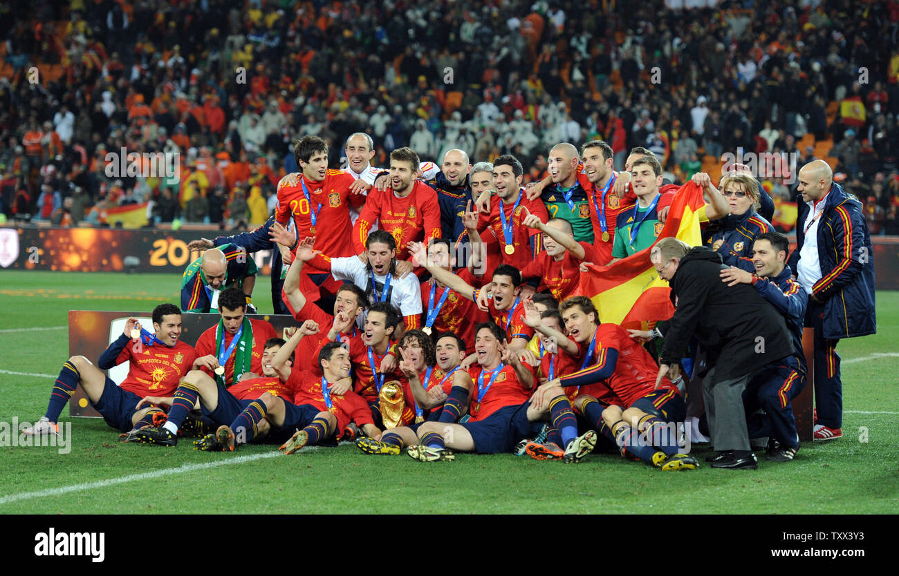 Spain celebrate following the FIFA World Cup Final match at Soccer City Stadium in Johannesburg, South Africa on July 11, 2010. Spain defeated Holland 1-0. UPI/Chris Brunskill Stock Photo