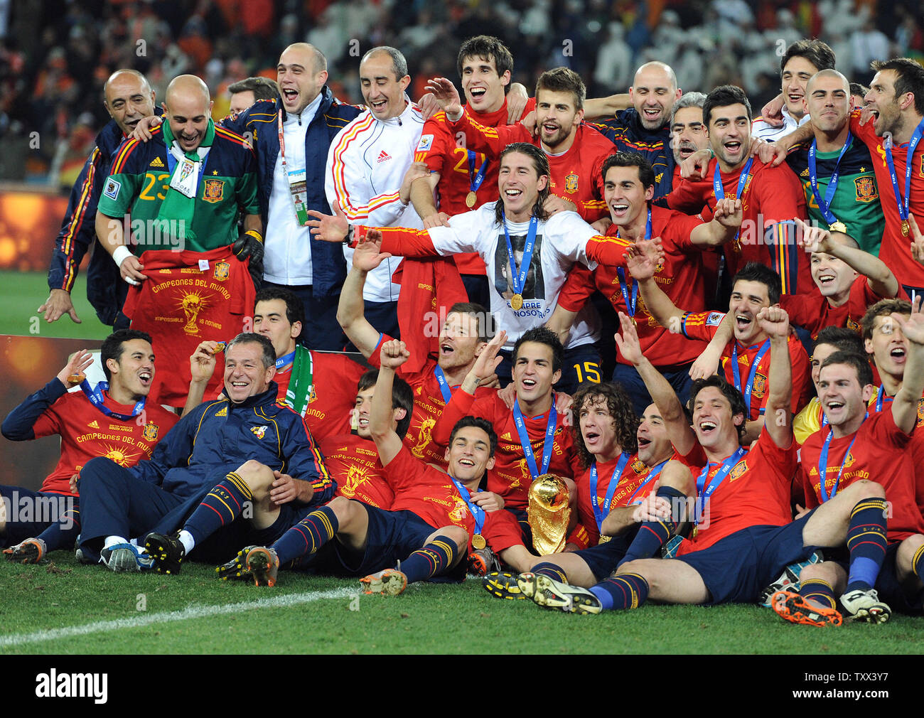 Spain celebrate following the FIFA World Cup Final match at Soccer City Stadium in Johannesburg, South Africa on July 11, 2010. UPI/Chris Brunskill Stock Photo