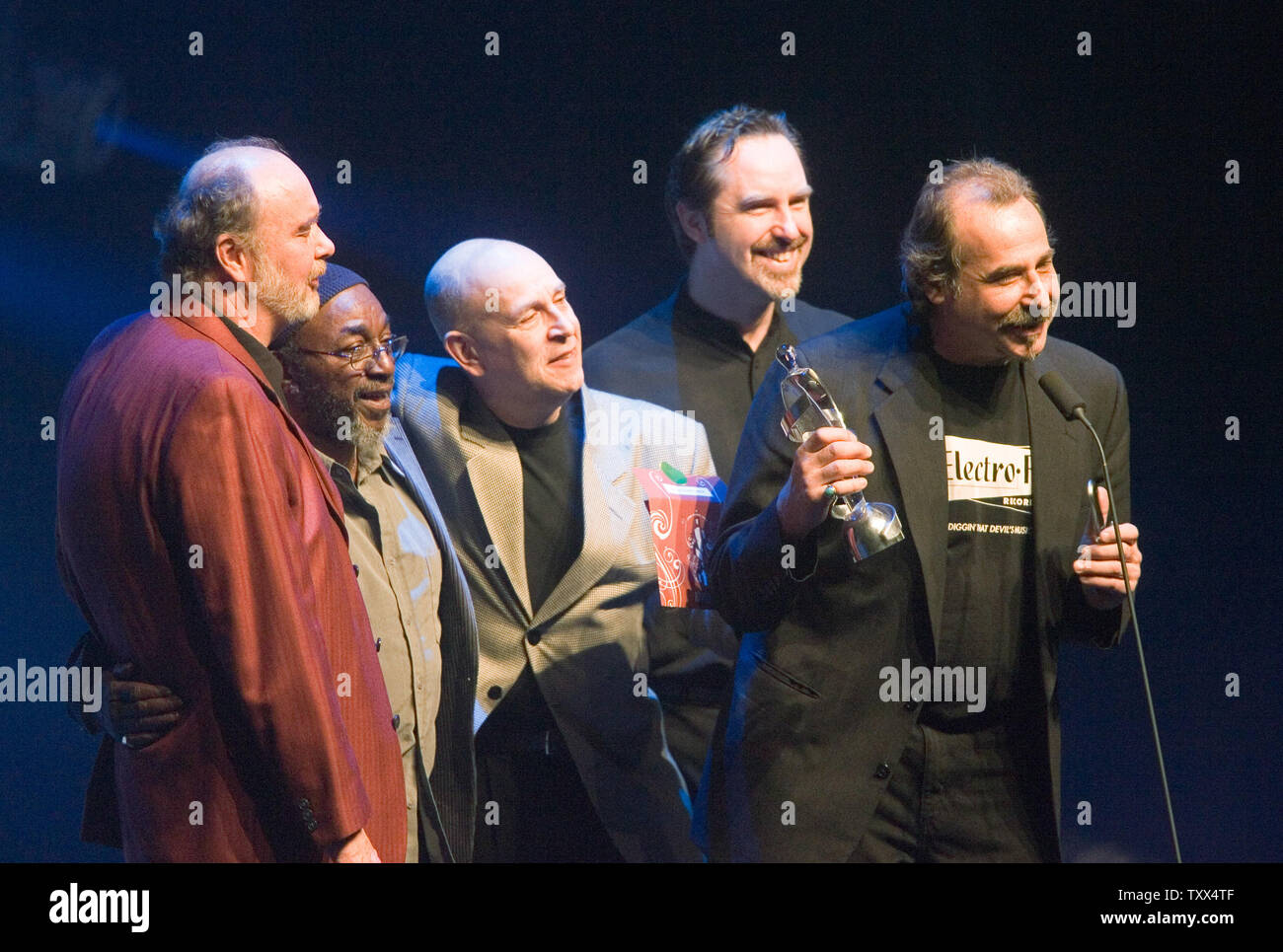 Members of the band Fathead celebrate winning the Blues Album of the Year of the Year Award during the Juno Gala Banquet & Awards at the Telus Convention Center in Calgary, Alberta during the 2008 JUNO Music Awards, April 5, 2008.    (UPI Photo/Heinz Ruckemann) Stock Photo