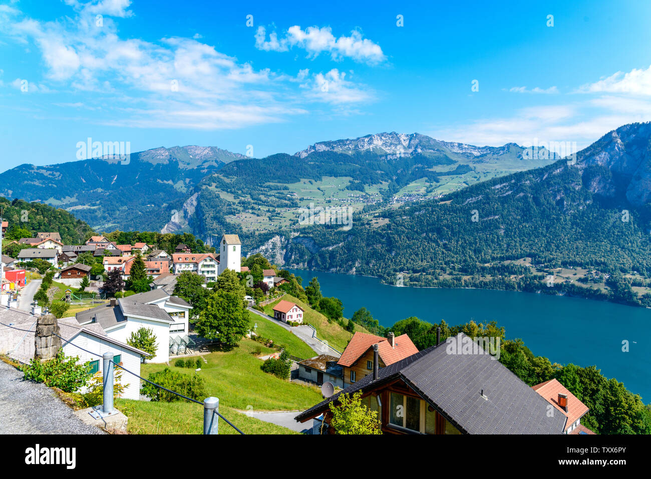 Aerial Panoramic view on Walensee (Lake Walen), Amden, Beltis from  Obstalden. Canton St. Galen, Glarus, Switzerland Stock Photo - Alamy