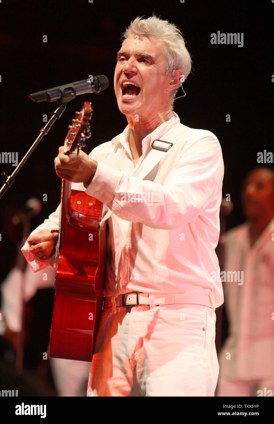 David Byrne performs at the Uptown Theatre in Kansas City, Missouri on October 19, 2008. The former lead singer of The Talking Heads is touring in support of his upcoming CD 'Everything That Happens Will Happen Today' which was co-written with Brian Eno. (UPI Photo/Daniel Gluskoter) Stock Photo
