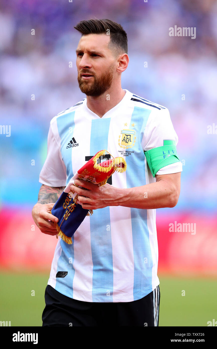 Lionel Messi of Argentina looks on ahead of the 2018 FIFA World Cup Round of 16 match at Kazan Arena in Kazan, Russia on June 30, 2018. France beat Argentina 4-3 to qualify for the quarter-finals. Photo by Chris Brunskill/UPI Stock Photo