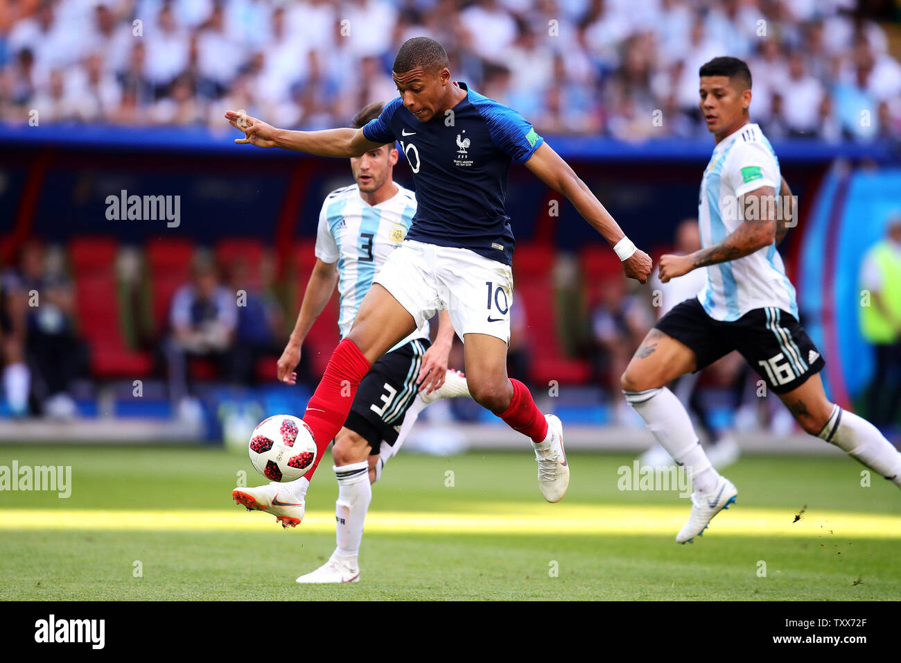 Kylian Mbappe of France controls the ball during the 2018 FIFA World Cup Round of 16 match at Kazan Arena in Kazan, Russia on June 30, 2018. France beat Argentina 4-3 to qualify for the quarter-finals. Photo by Chris Brunskill/UPI Stock Photo
